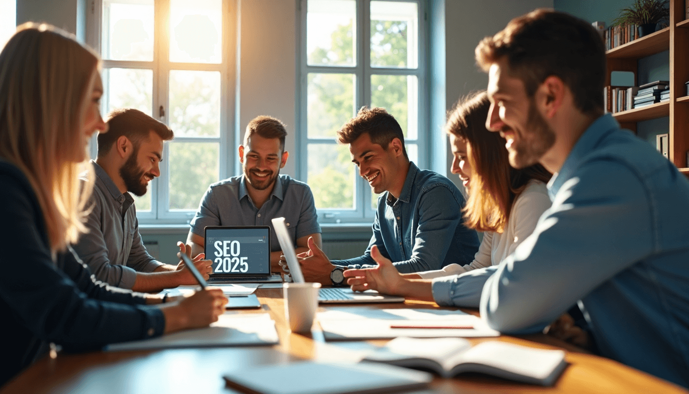 Marketing team discussing SEO 2025 around laptops in sunlit office