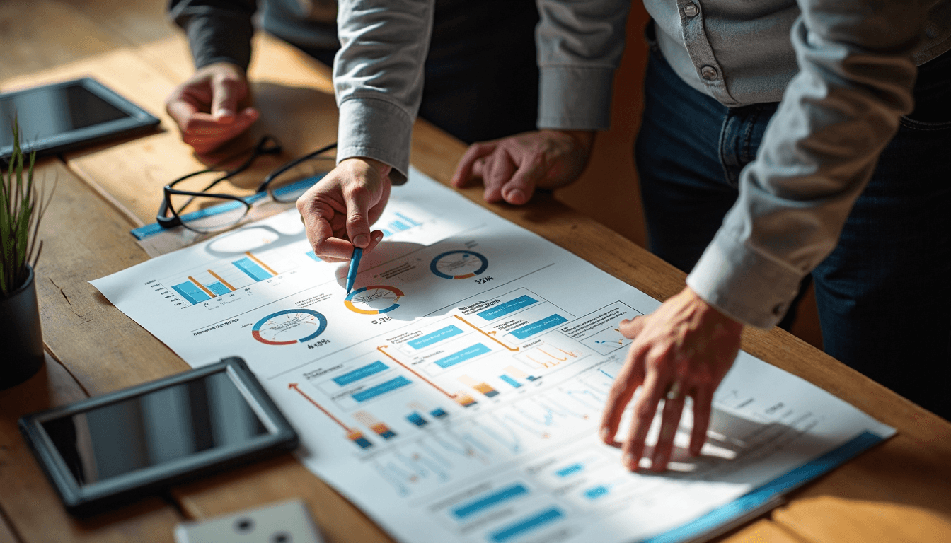 Marketers review SEO changes chart with analytics devices in co-working space