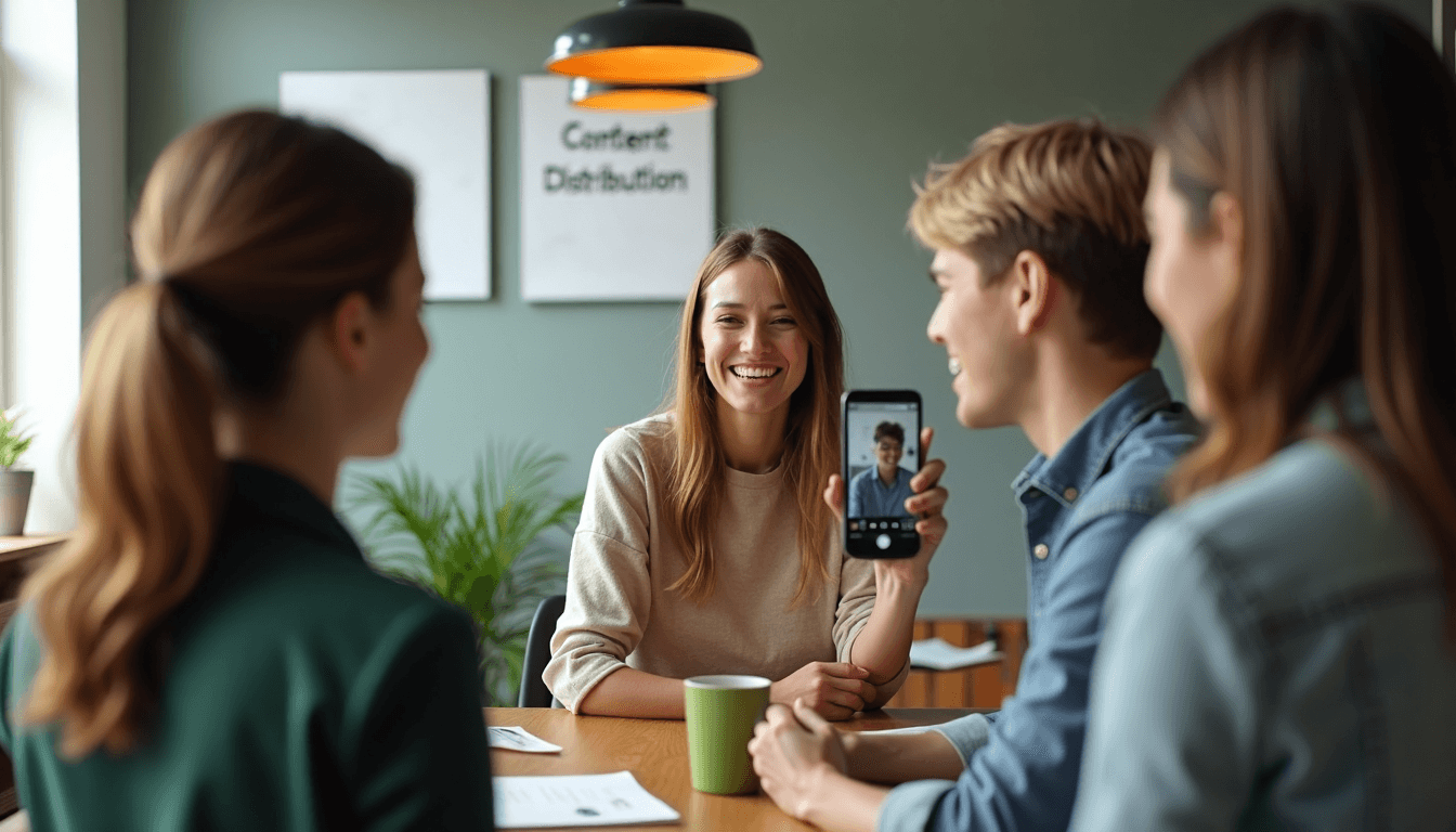 Woman recording video with content distribution poster behind