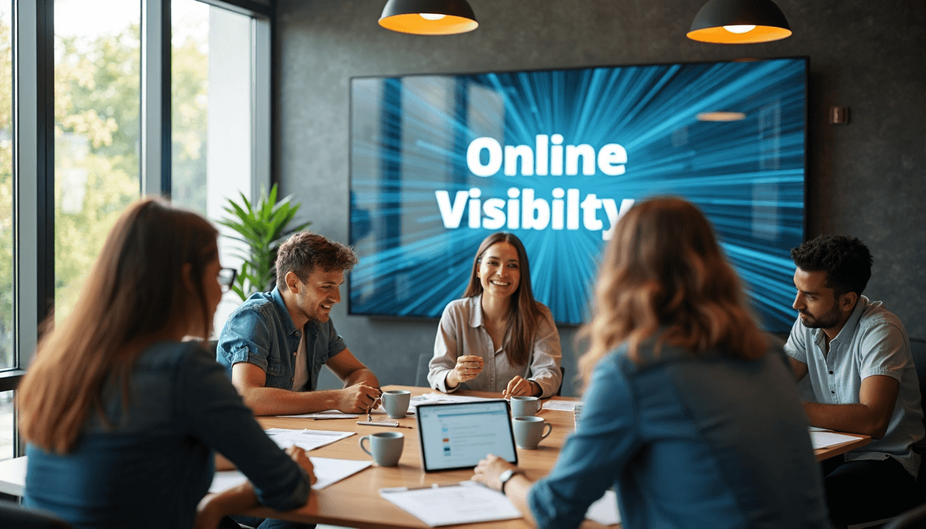 Team collaborating around screens with online visibility banner