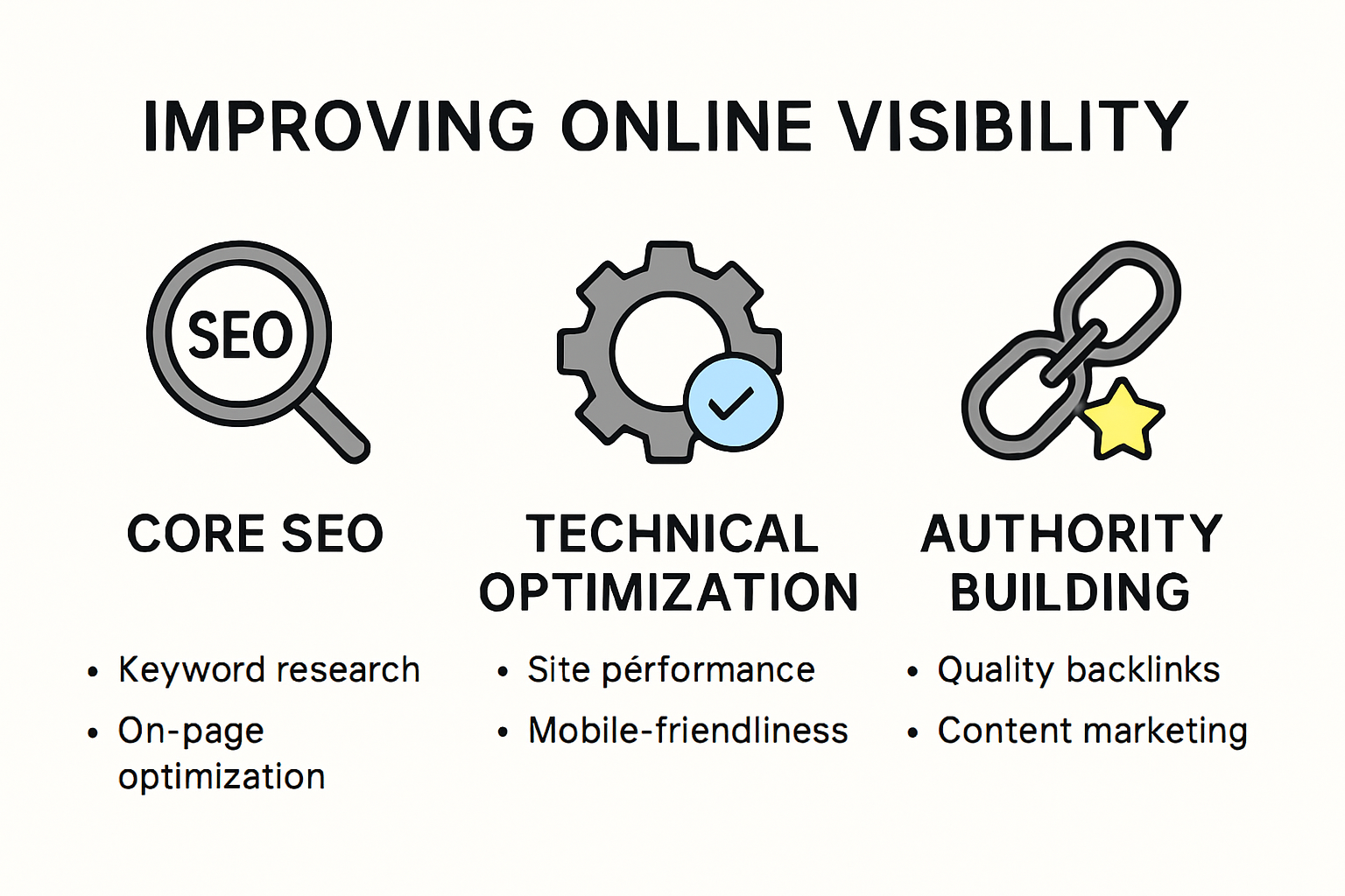 Infographic showing key pillars of online visibility improvement