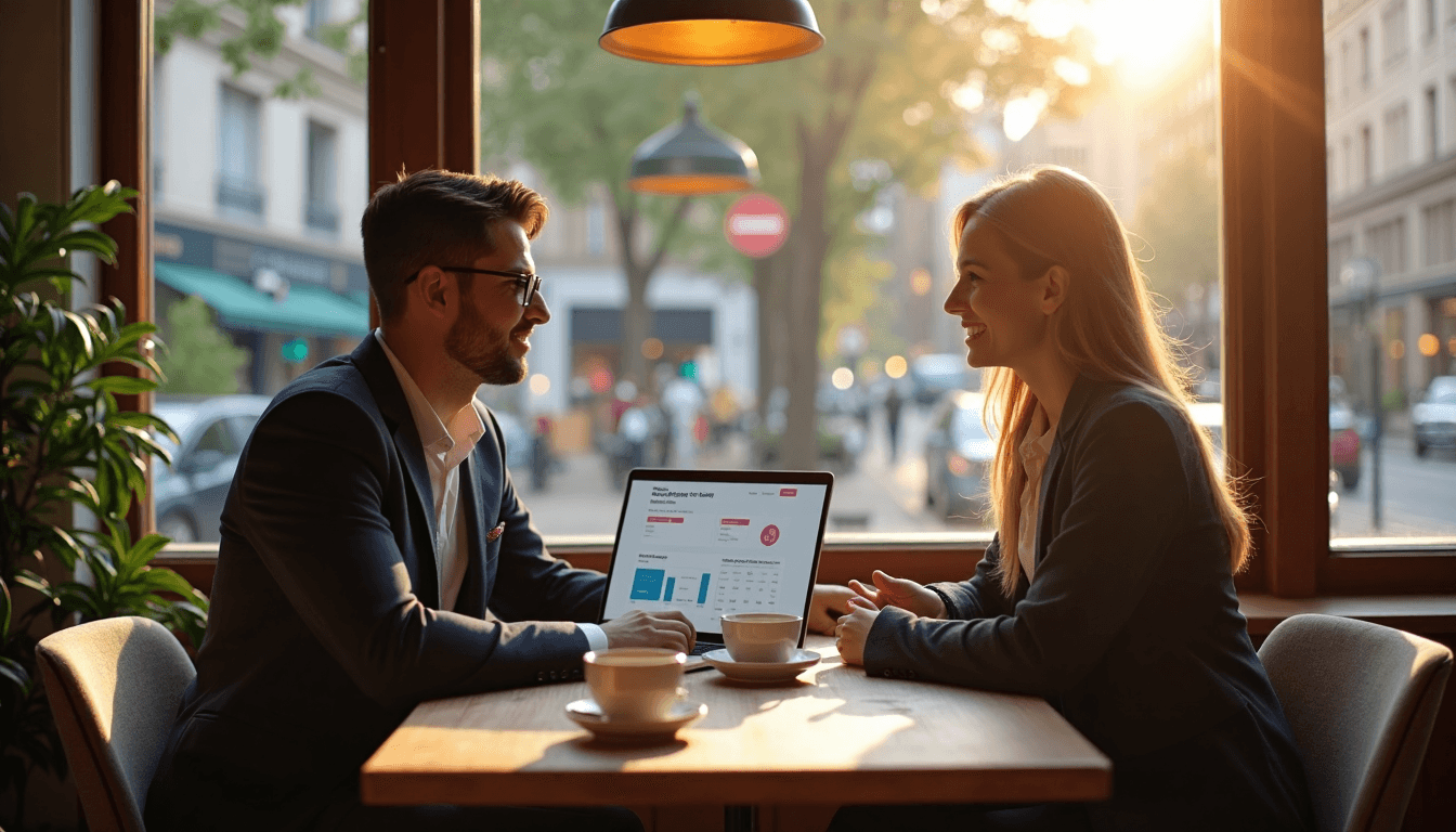 Marketers reviewing keyword research in sunlit coffee shop