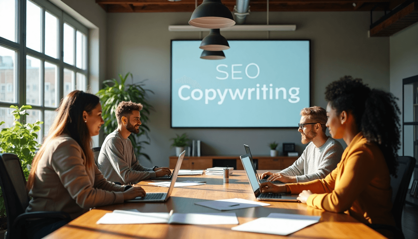Content strategists discuss SEO copywriting at sunlit office table