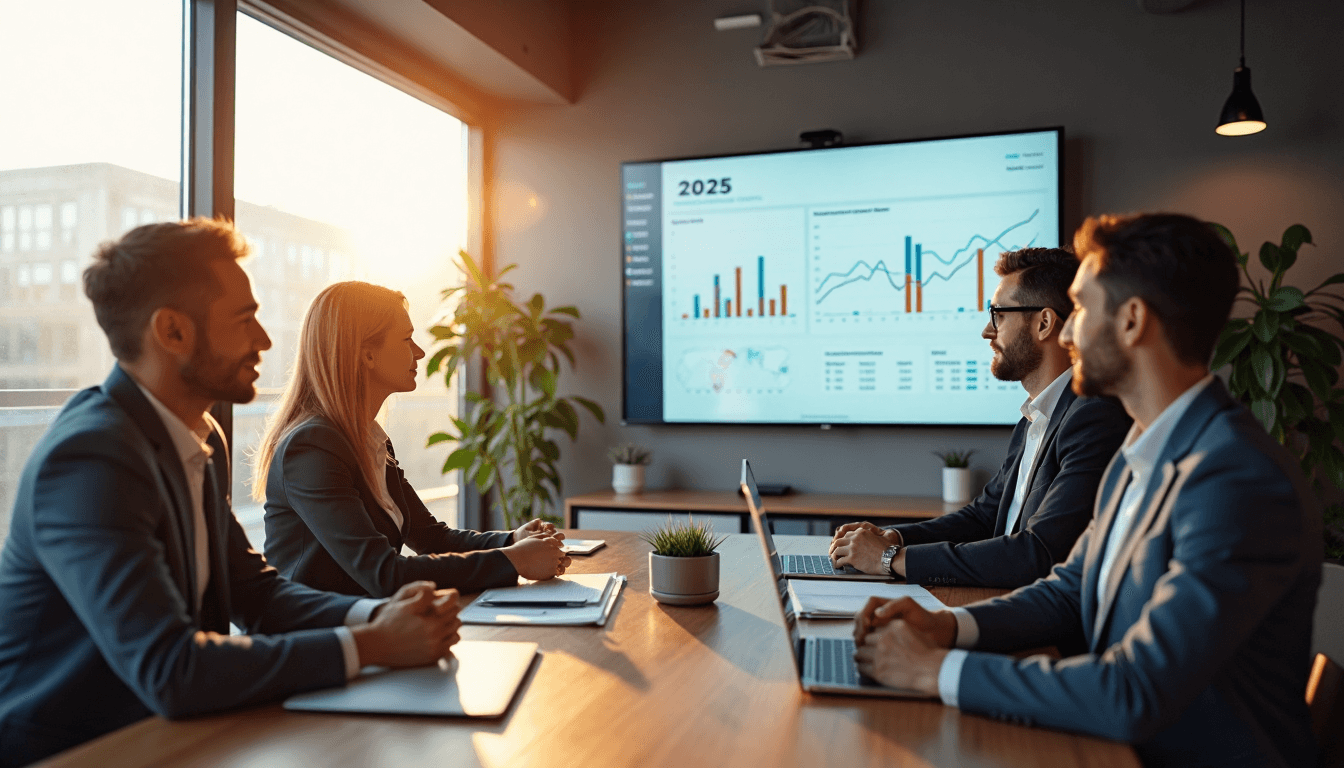 Team collaborates in sunlit office reviewing SEO reporting results dashboard