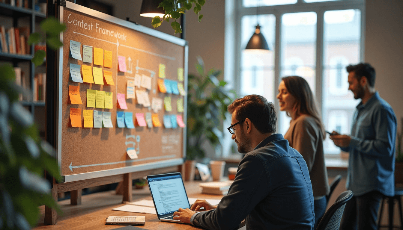 Person reviews content framework on corkboard labeled 'Content Framework'