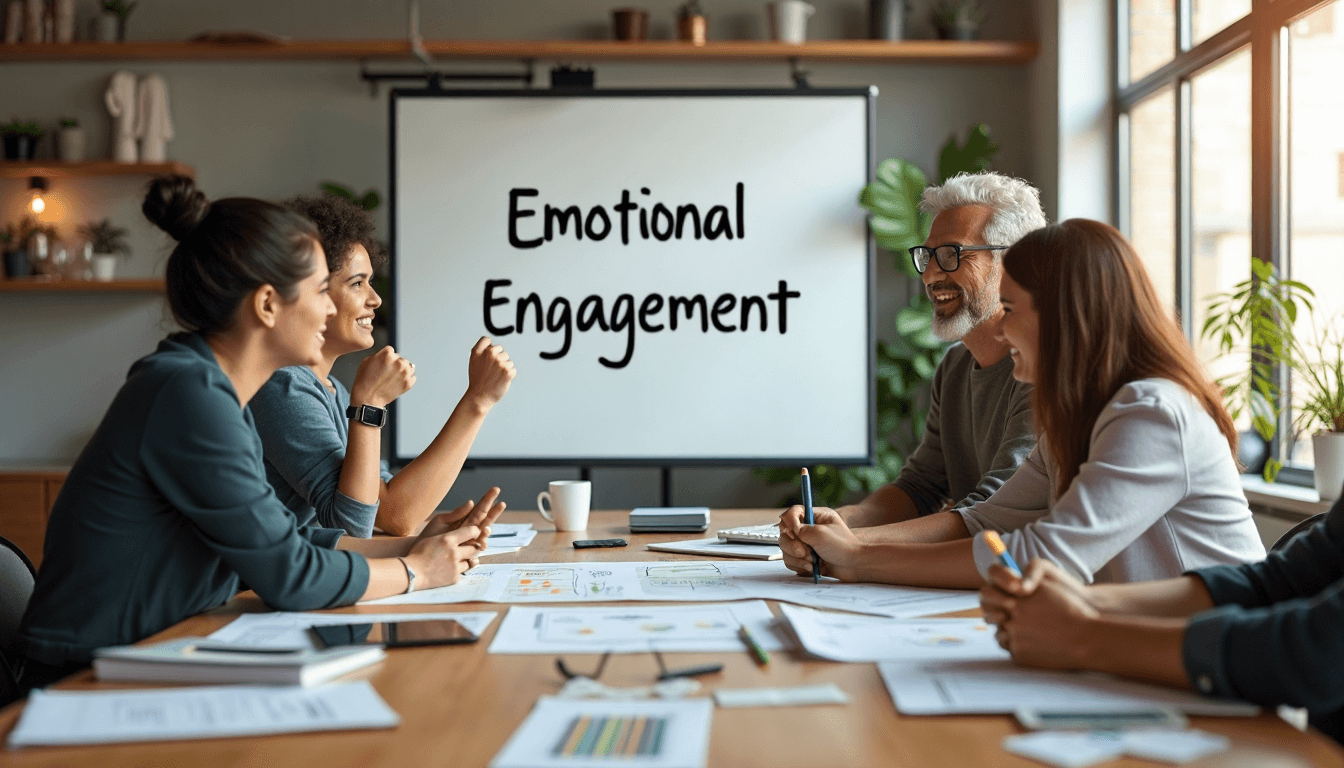 Team strategizing content creation with 'Emotional Engagement' written on a whiteboard