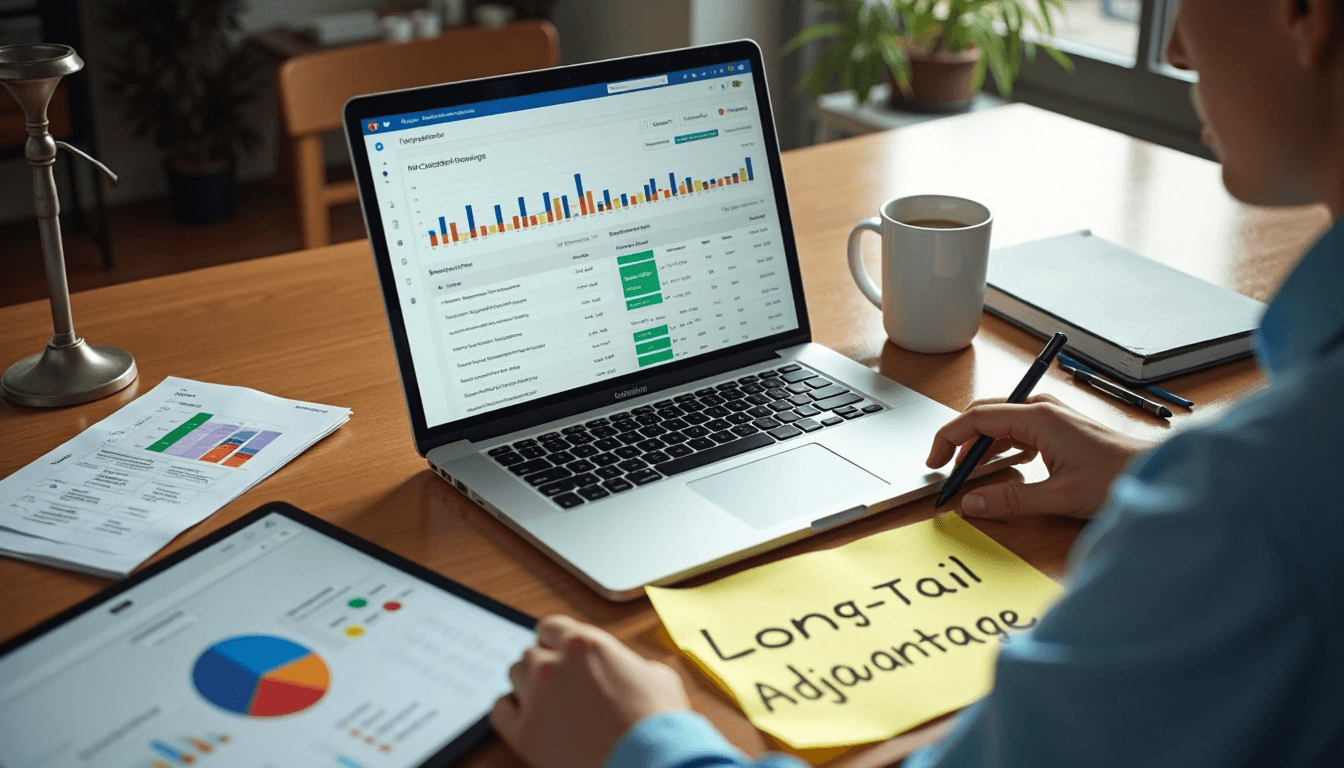 Small business owner analyzing keywords and long-tail strategies at desk