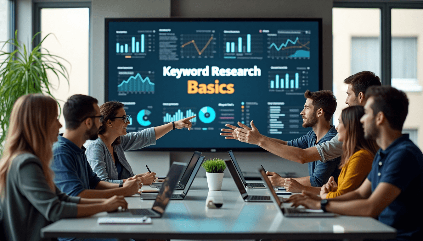 Team collaborating on keyword research at modern office digital display