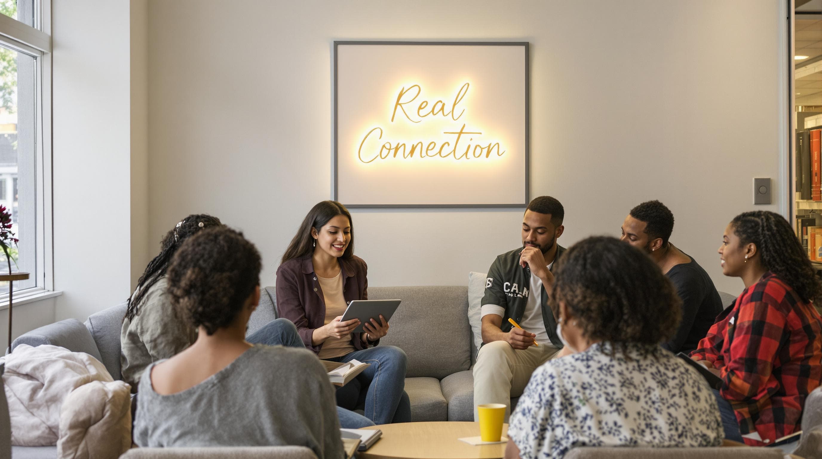 Students sharing stories in lounge with 'Real Connection' poster showing audience engagement.