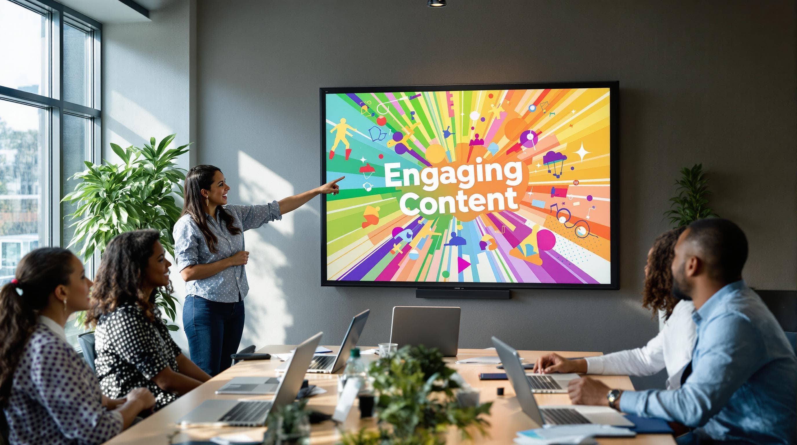 Creative team in modern office discusses digital content with 'Engaging Content' text on smartboard.