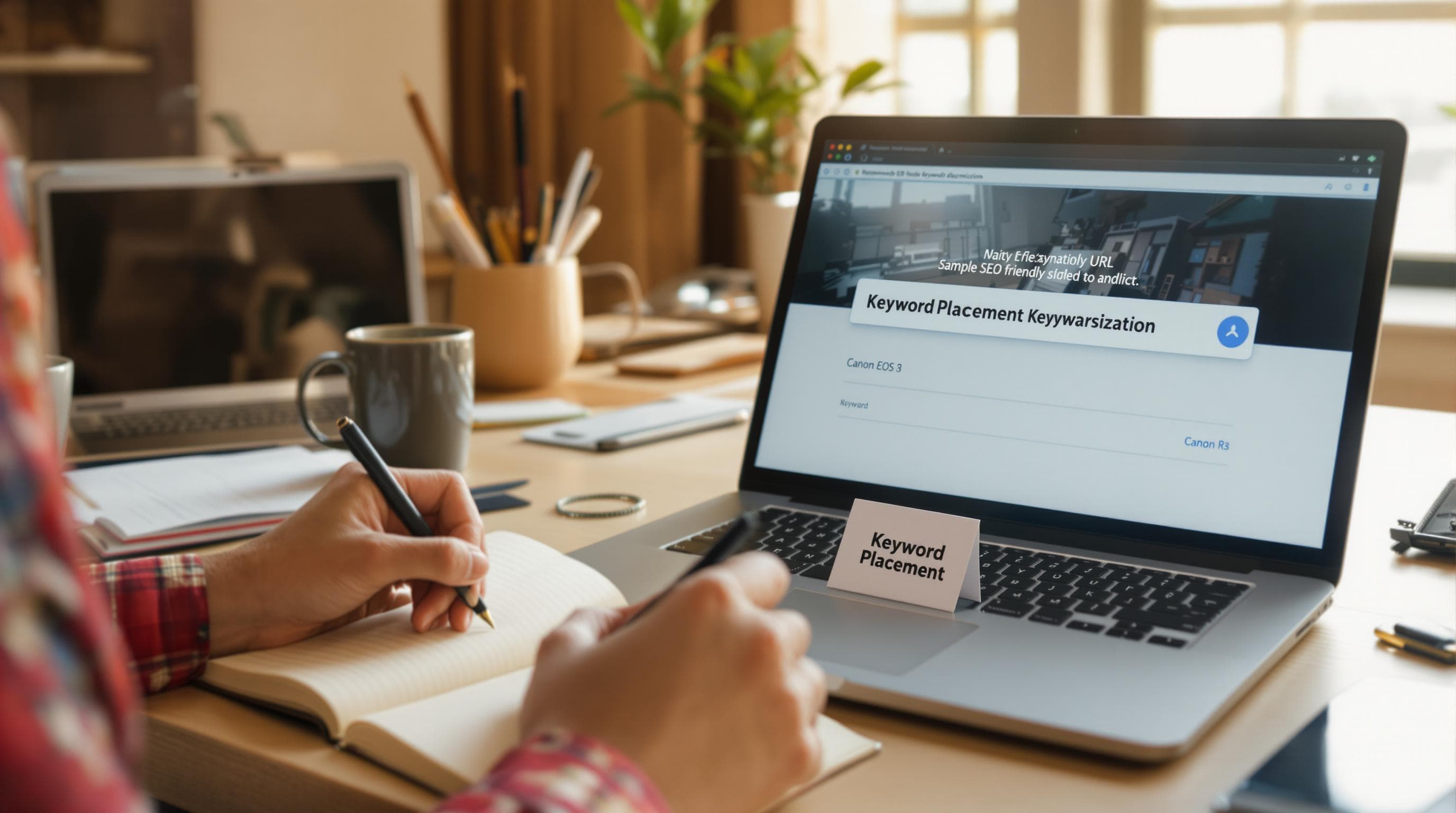 Workspace with notebook, laptop showing sample SEO friendly URL and keyword notecard