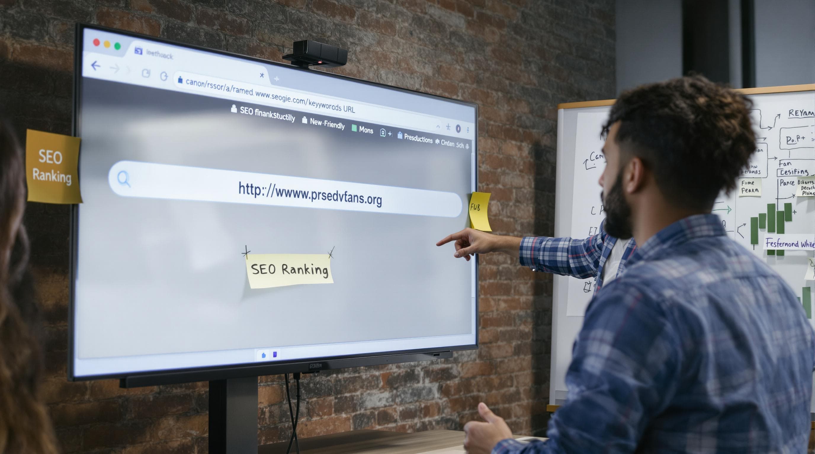 Marketing team reviewing SEO friendly URL on office monitor