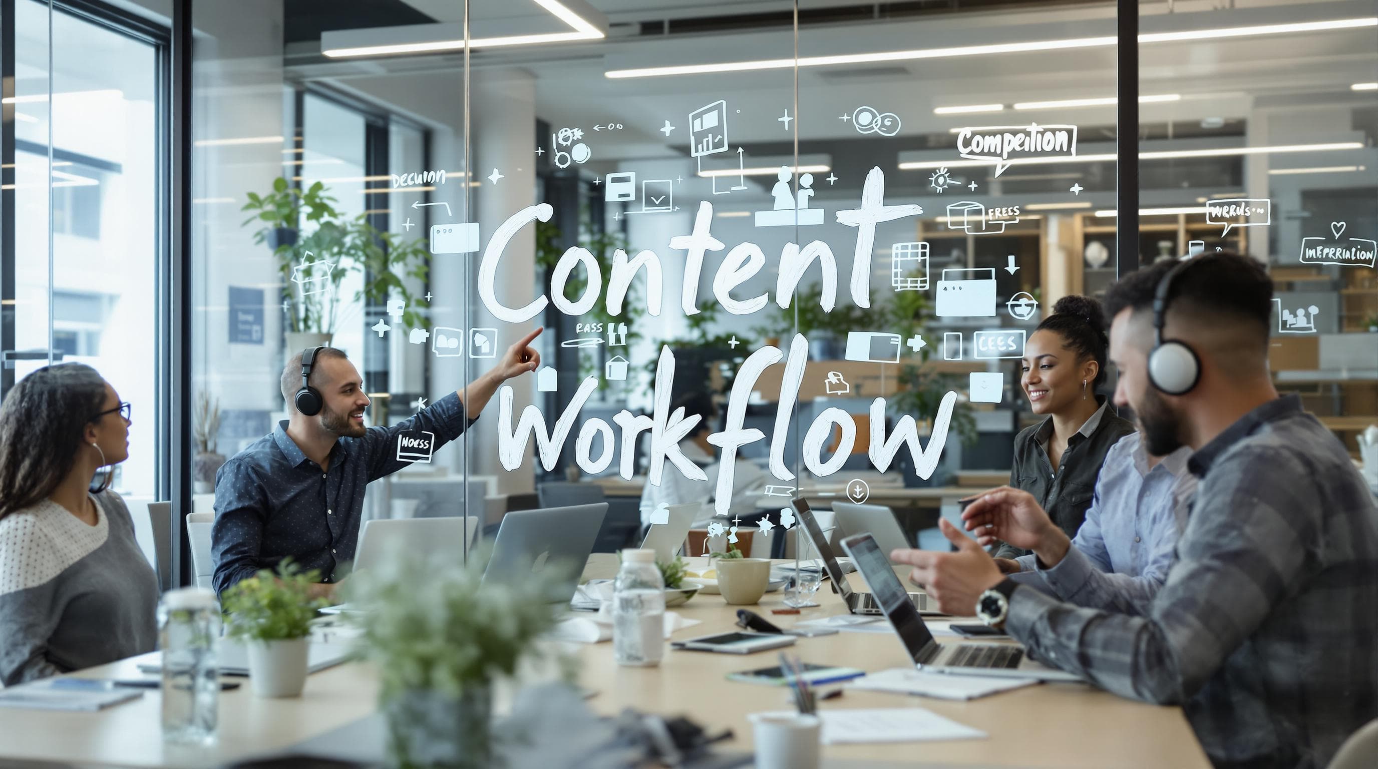 Diverse team collaborating on content workflows in bright office with 'Content Workflow' text on glass wall