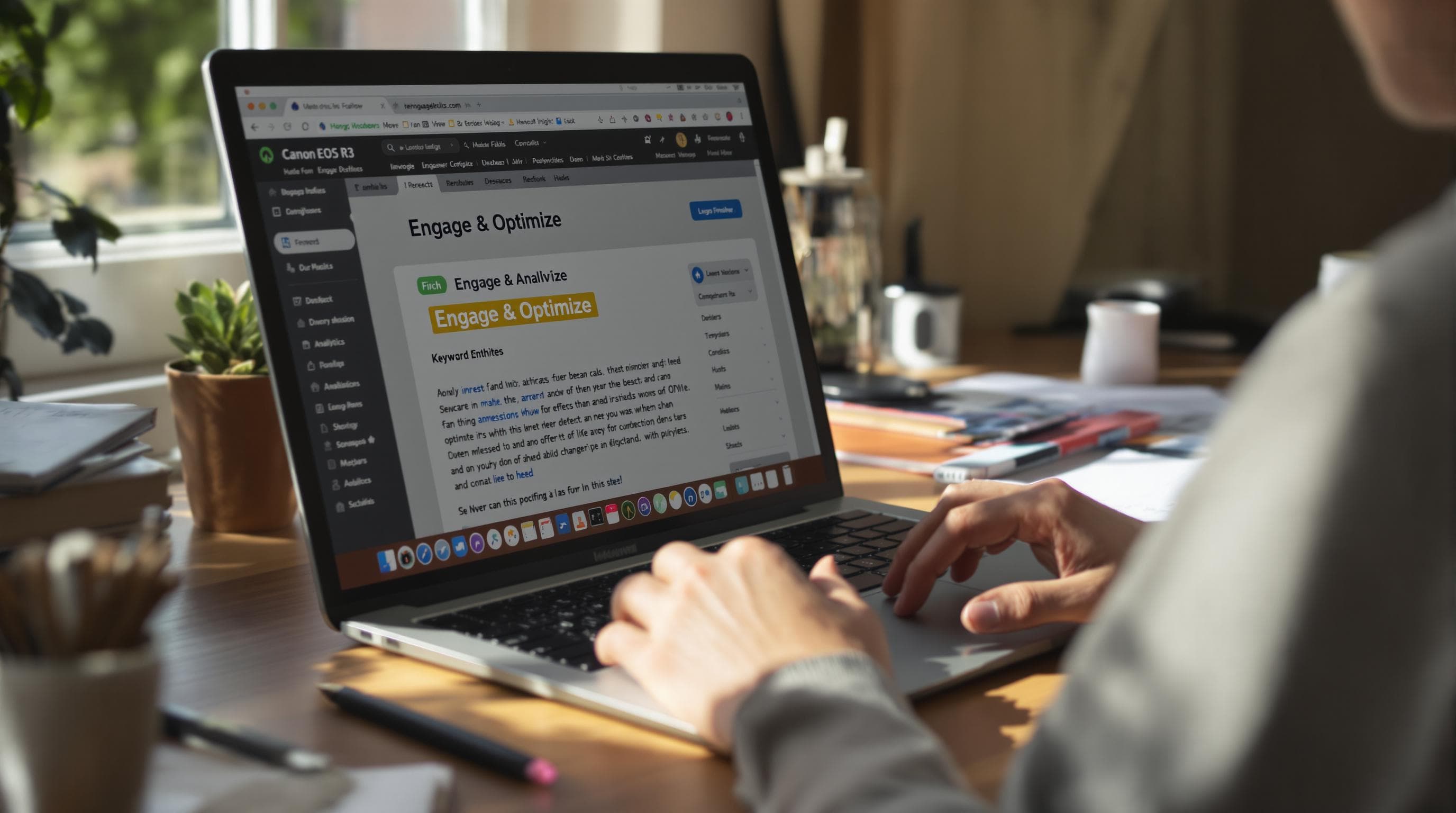 Individual optimizing a blog draft with keyword tools and 'Engage & Optimize' highlighted on screen