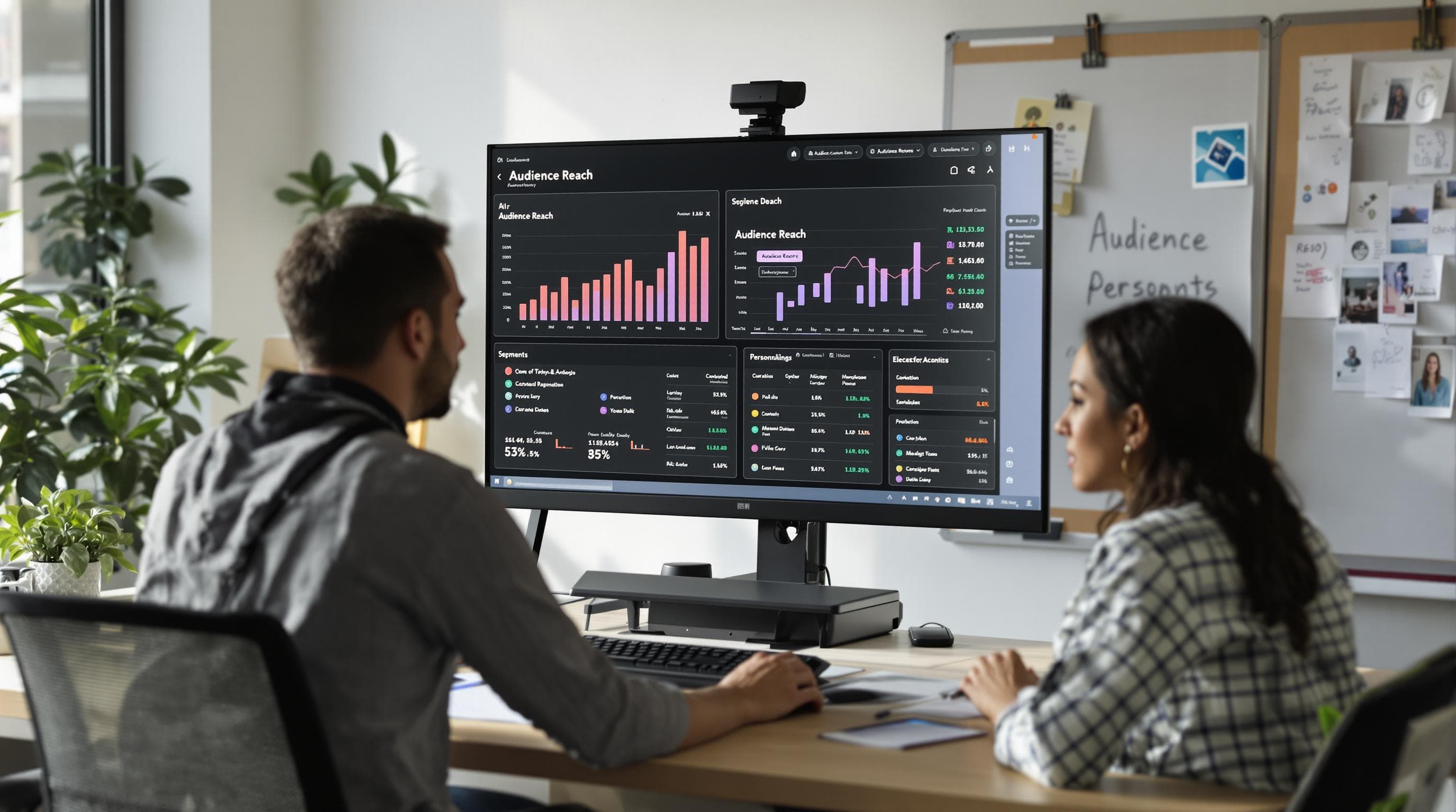 Marketers review AI content results with audience analytics dashboard