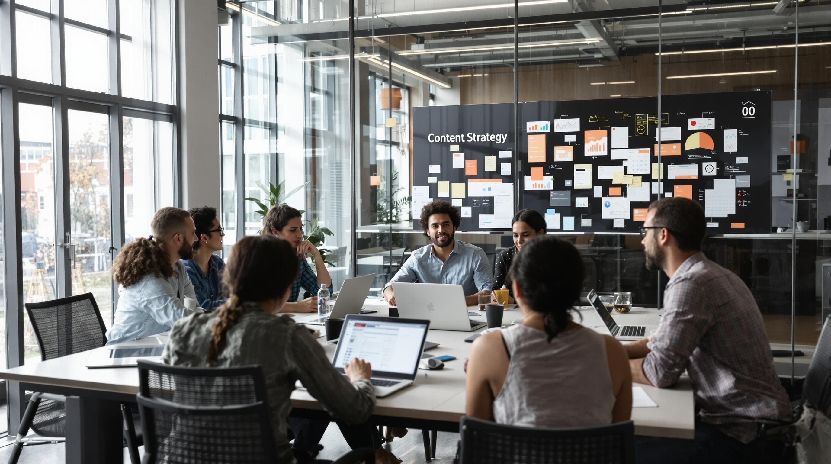 Diverse marketing team collaborating on digital content strategy in office