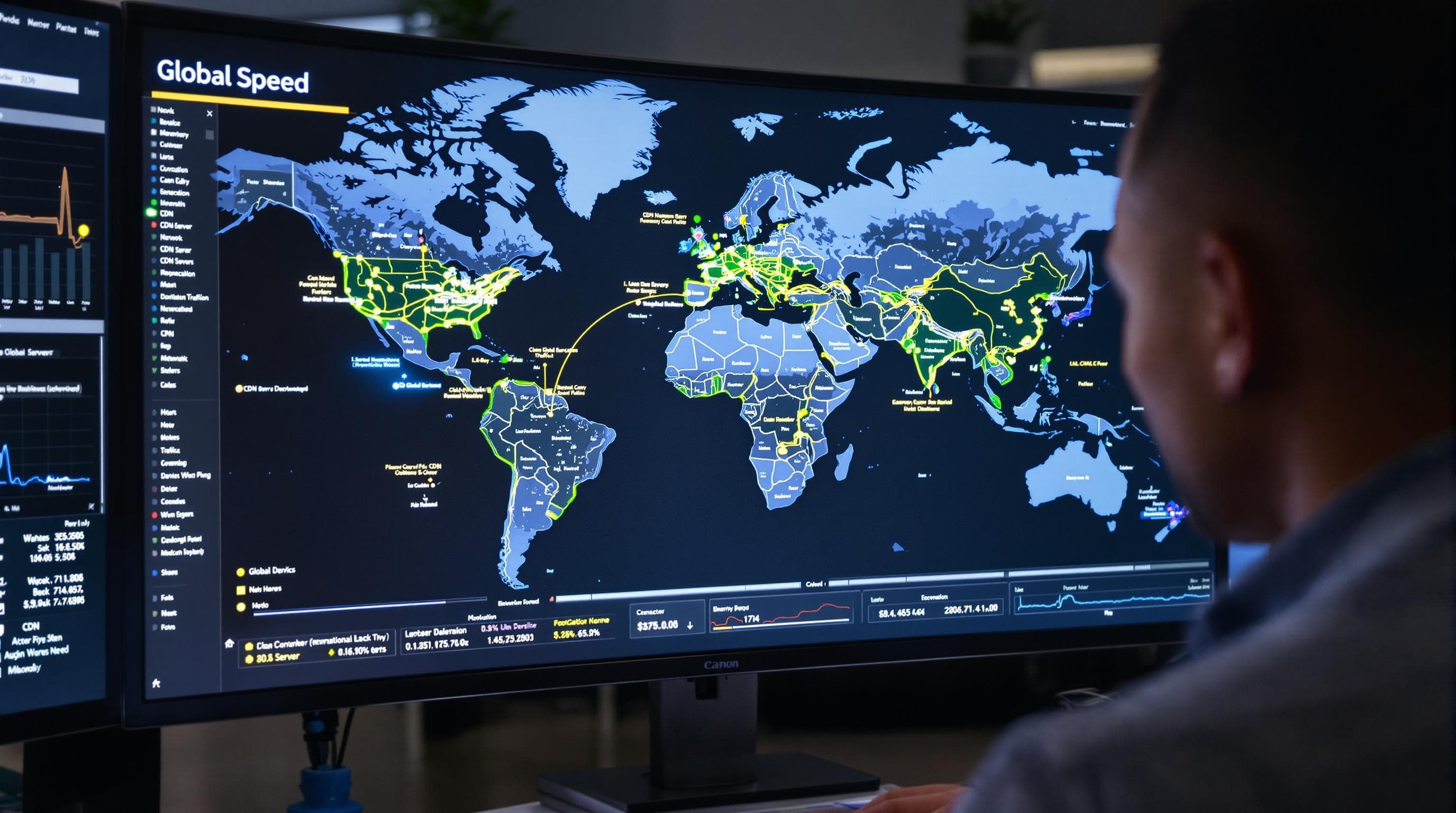Engineer reviews global CDN server map with 'Global Speed' in interface