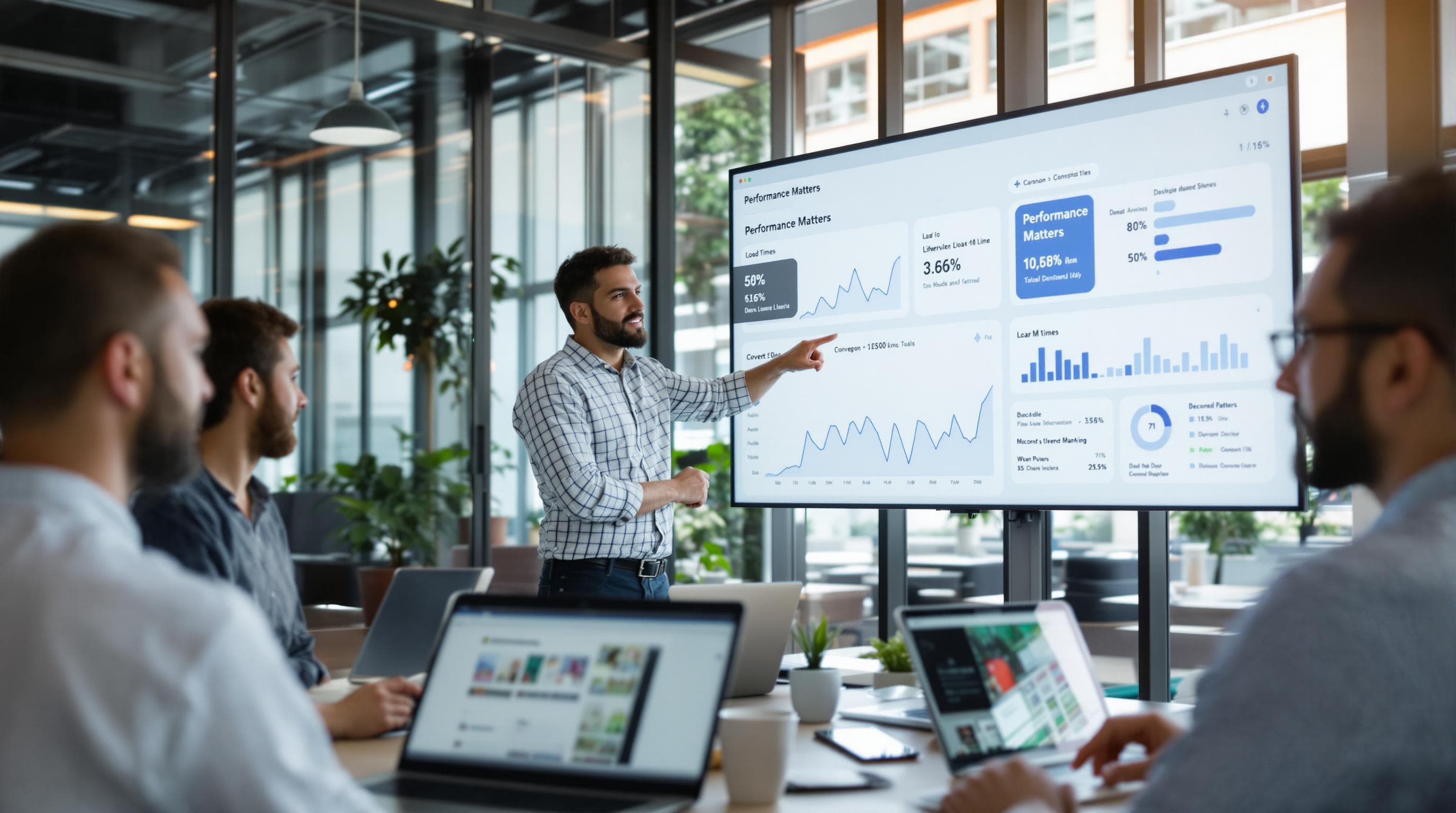 Team reviews website speed analytics dashboard with 'Performance Matters' overlay