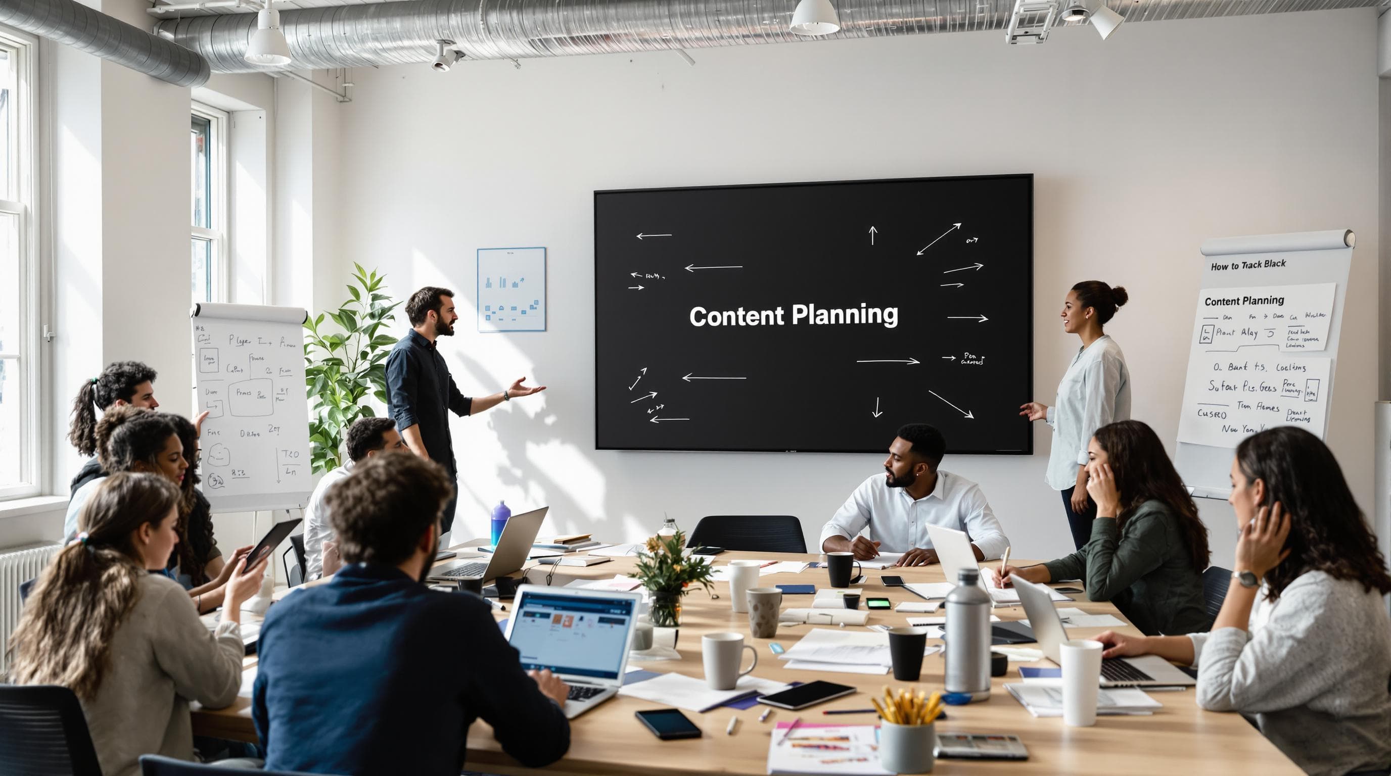 Collaborative office team planning content strategies together