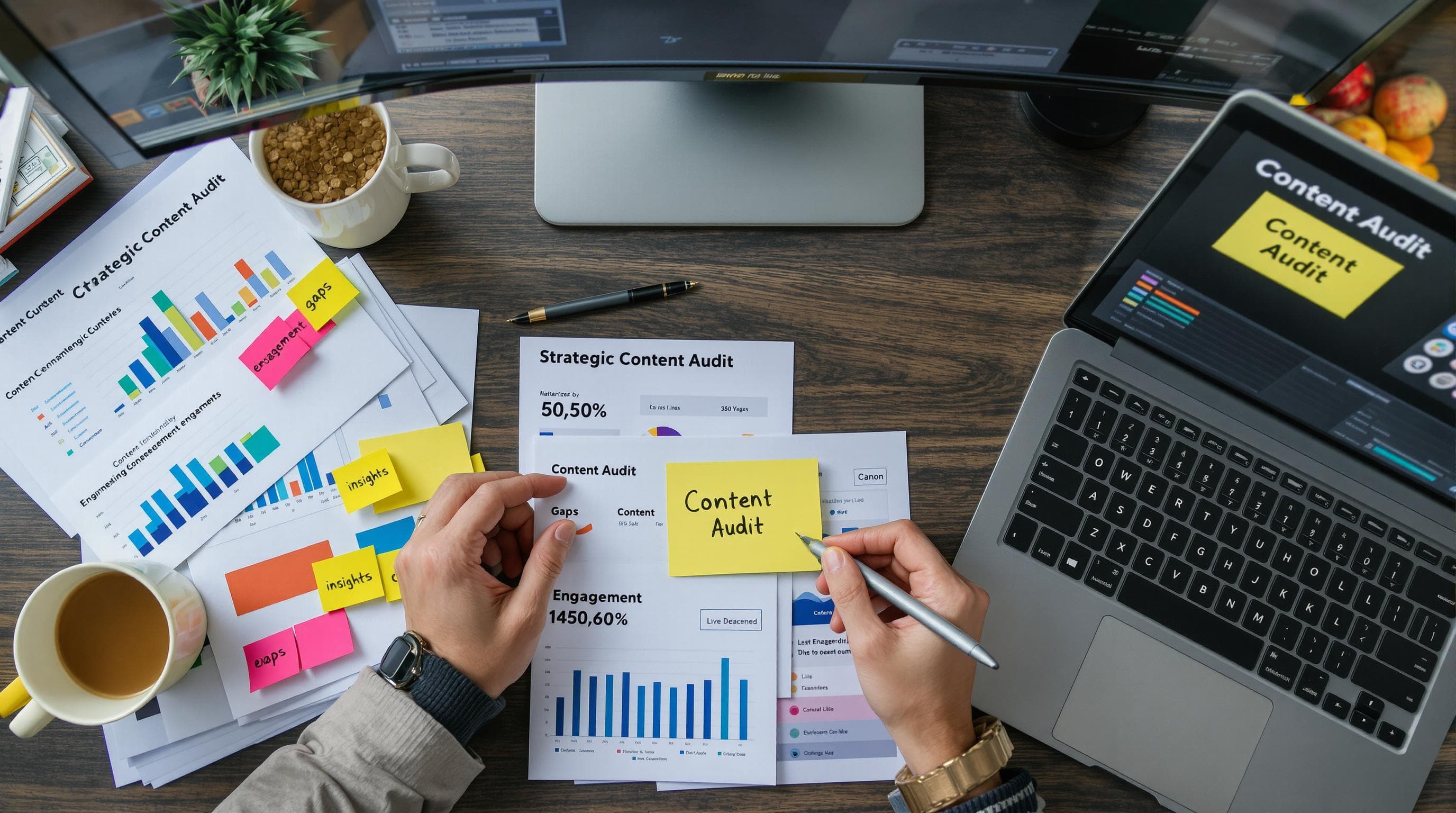 Hands marking up content audit reports at a busy desk
