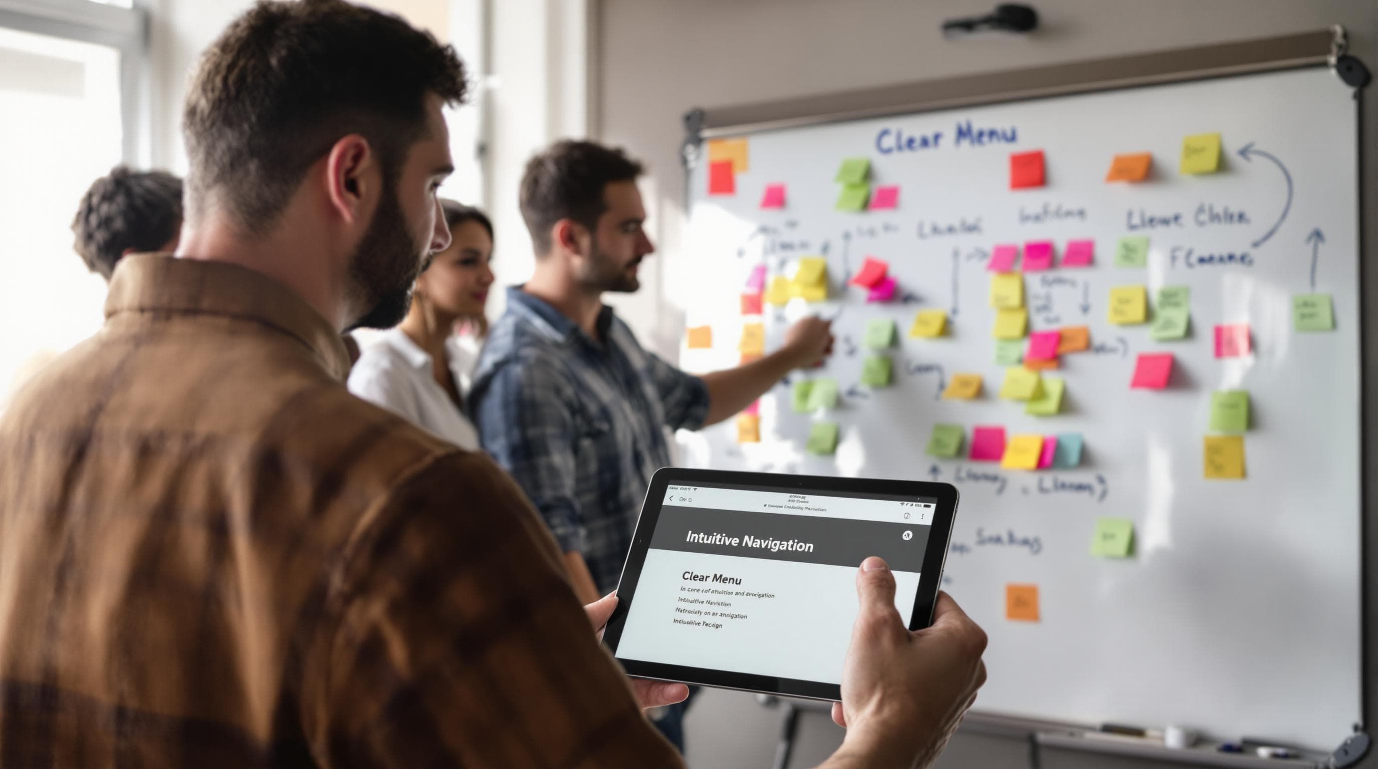 Person selects intuitive website navigation on tablet, team maps menu on whiteboard.
