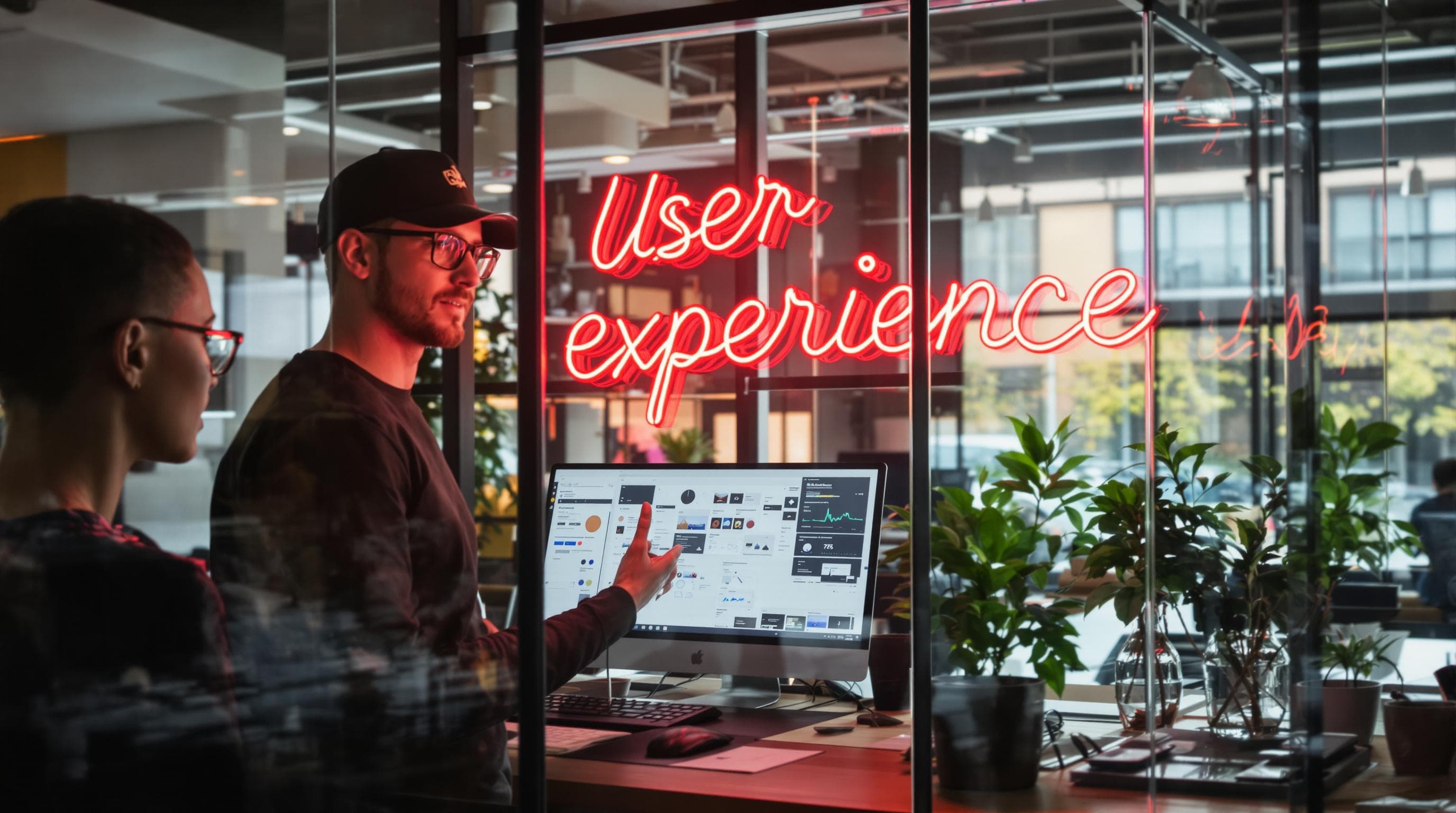 Two UX designers collaborate in a modern workspace with 'User Experience' sign.