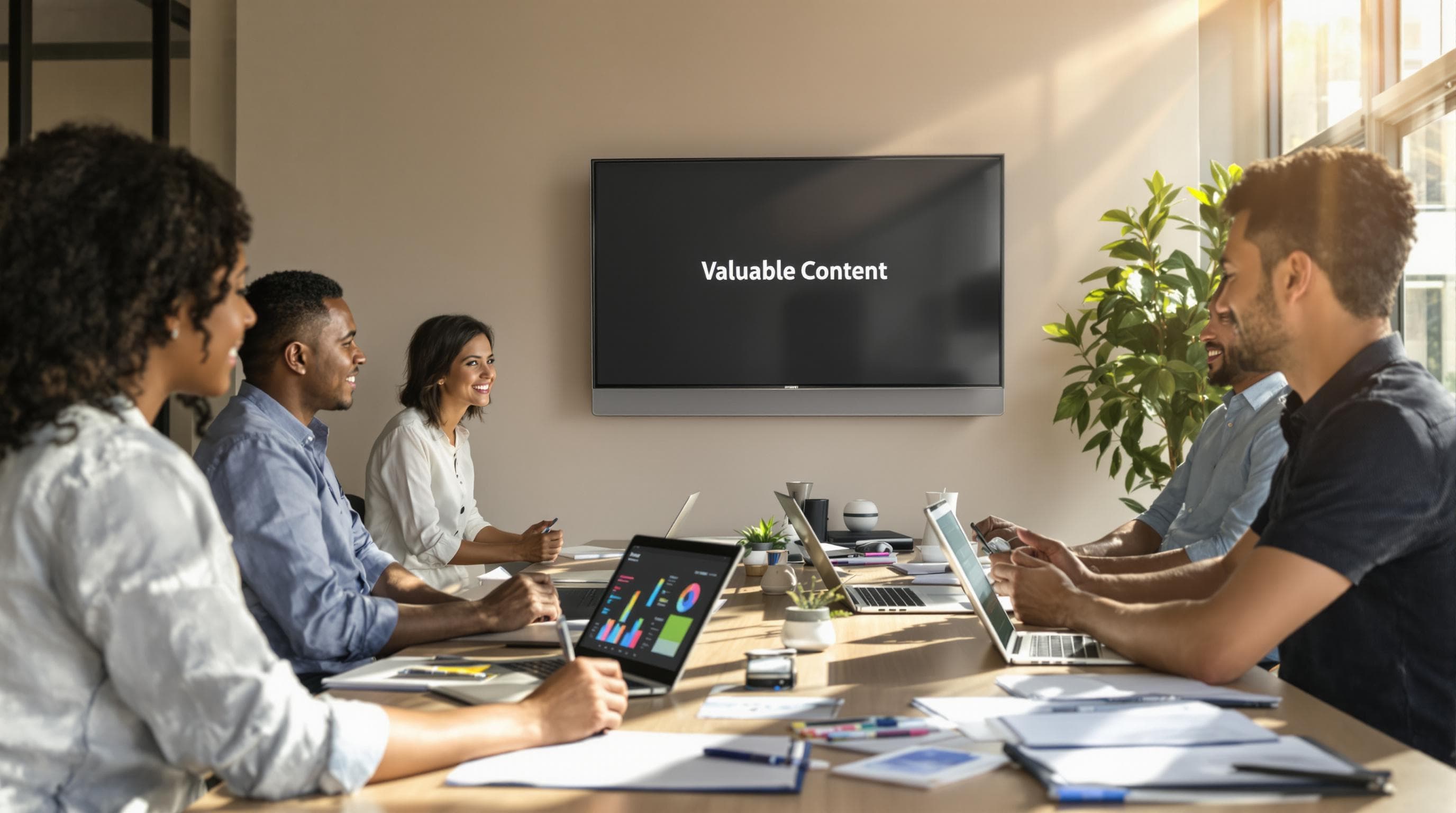 Team collaborating on digital content with 'Valuable Content' shown on screen