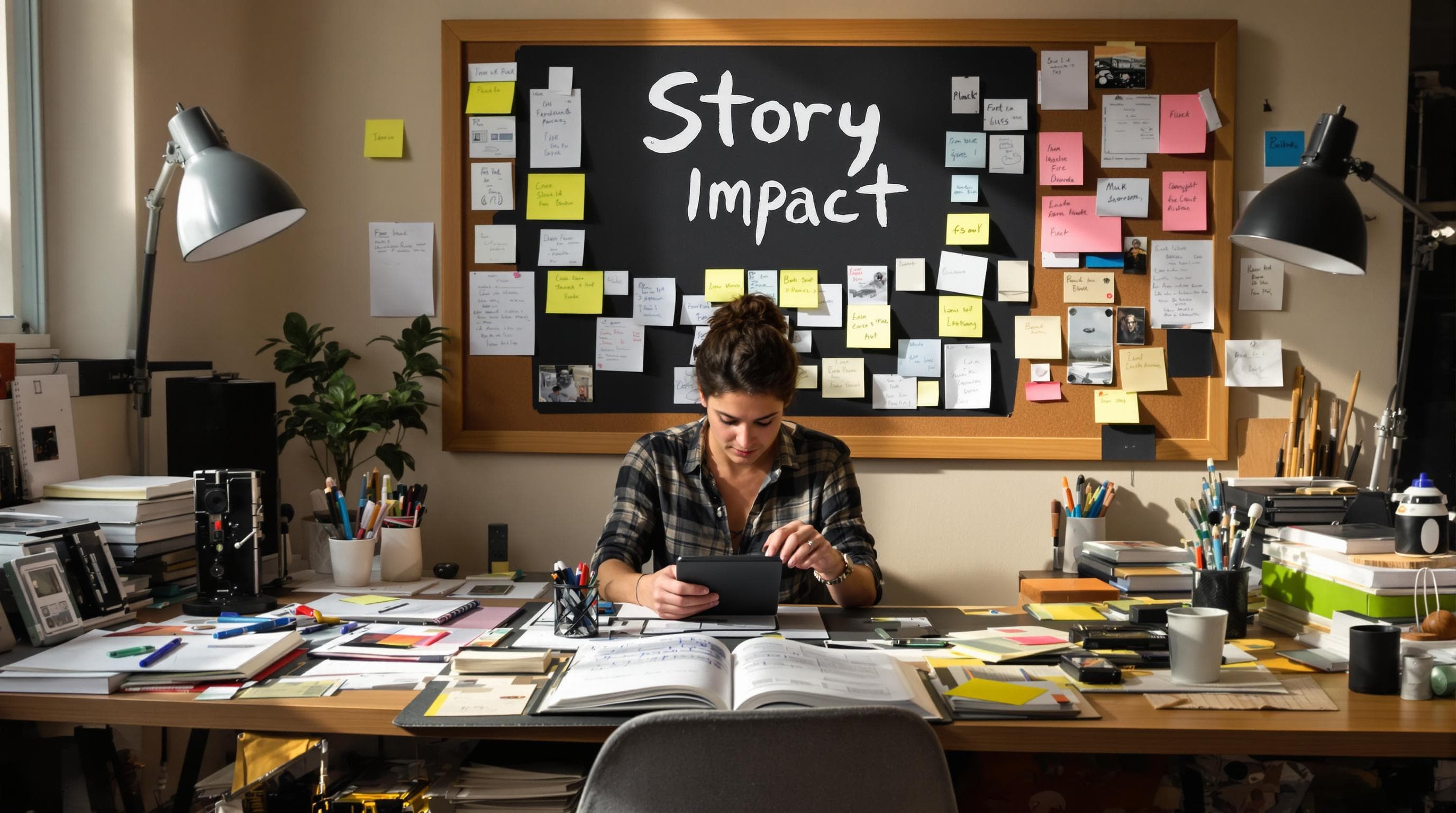 Writer developing story-driven content with 'Story Impact' on corkboard