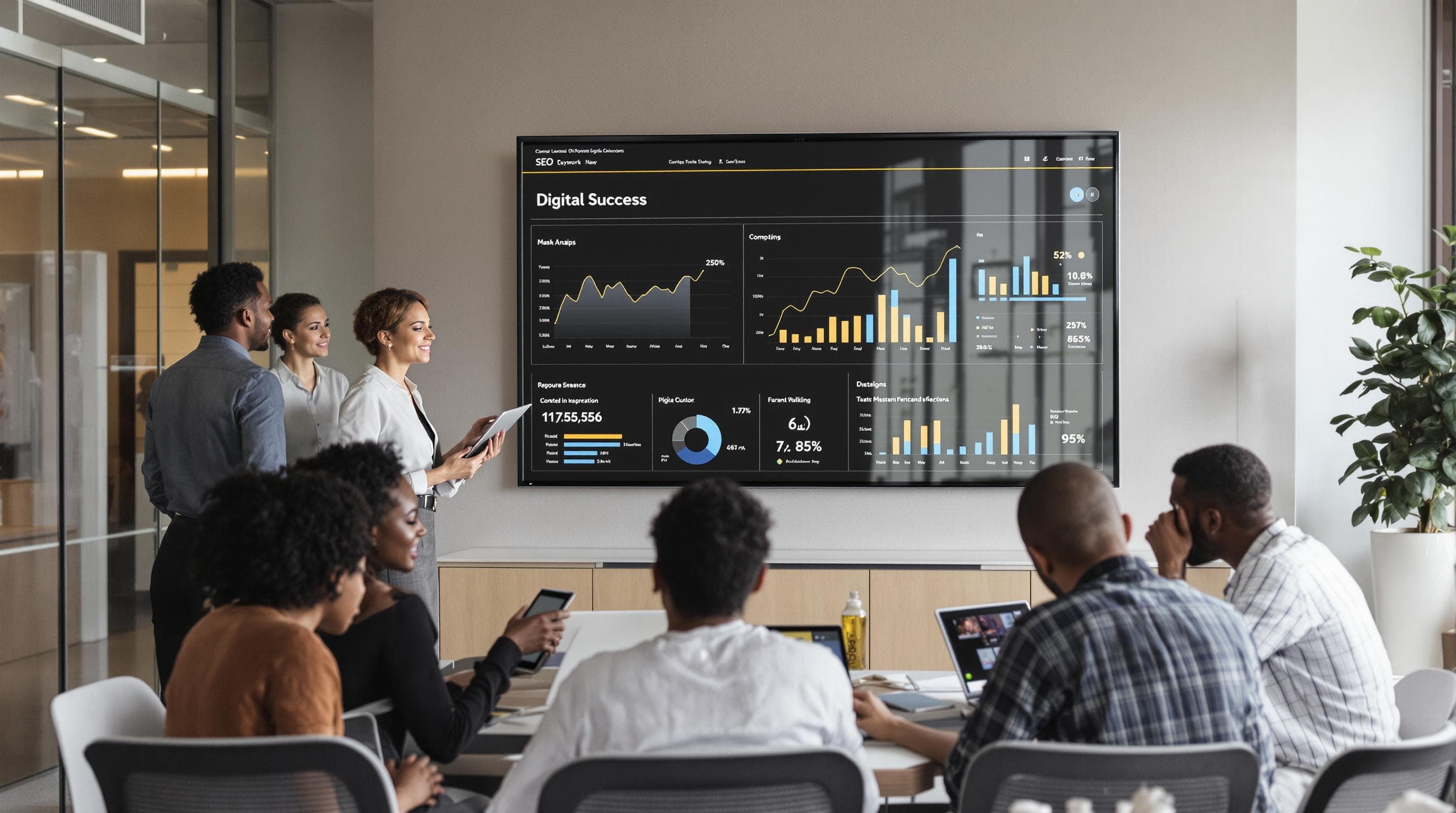 Modern office team developing digital keyword strategies with interactive screens