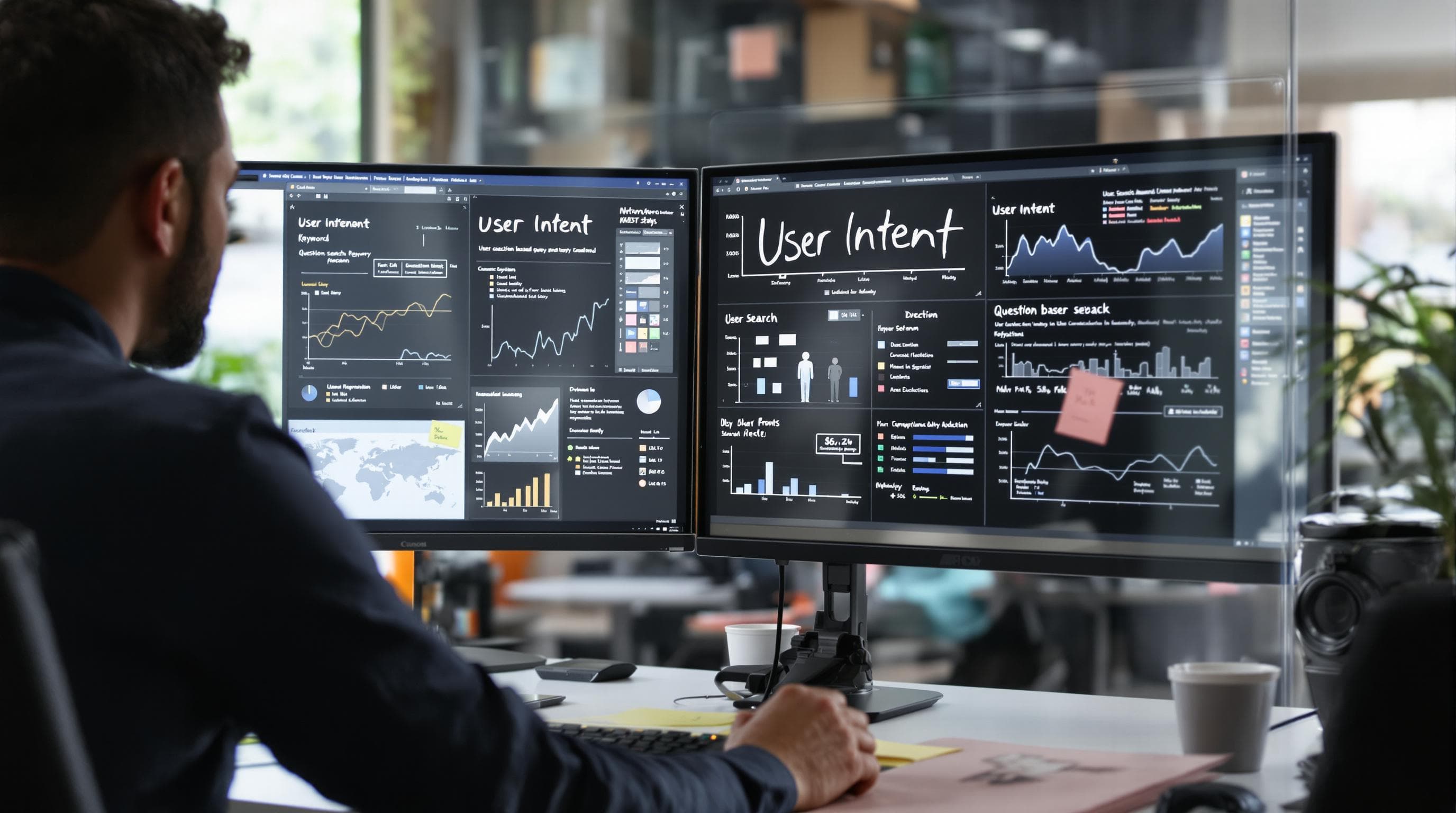 Marketers analyzing keyword user-intent data with user intent written on glass