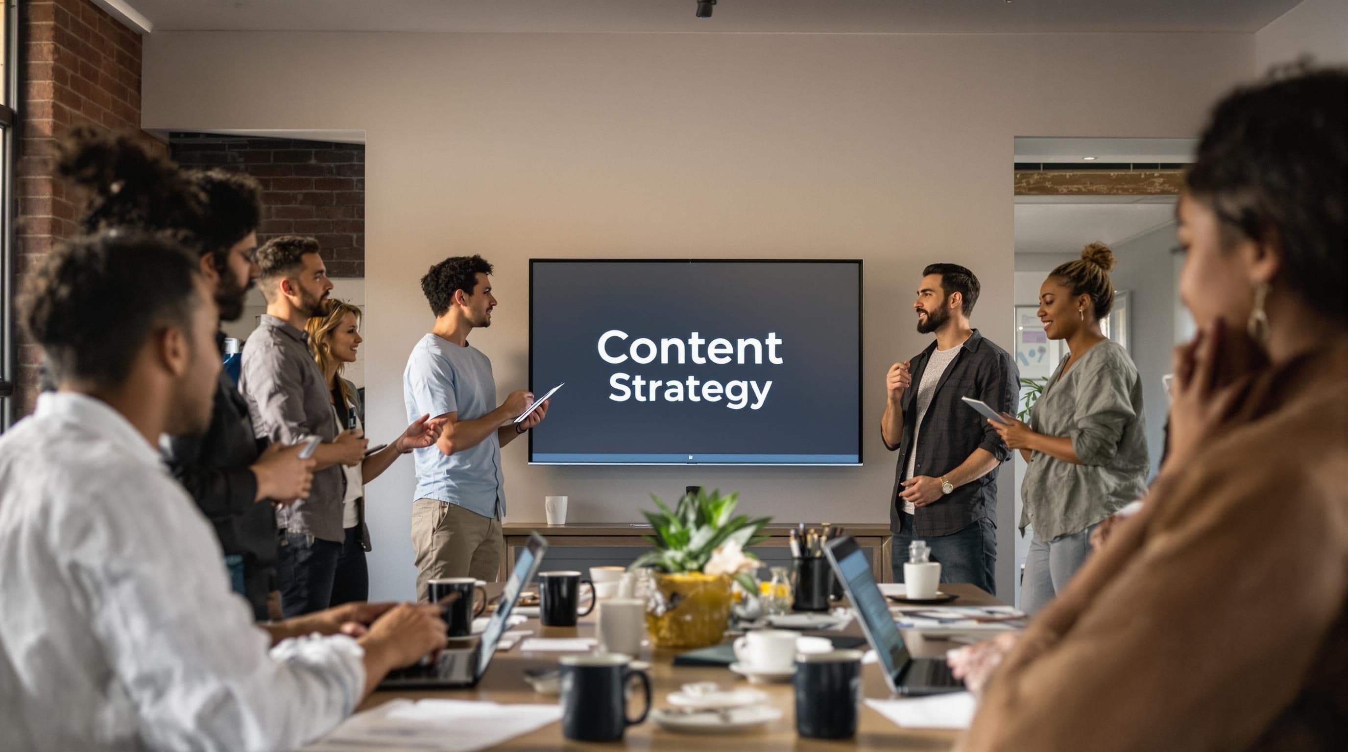 Creative team collaborates on content strategy in modern office
