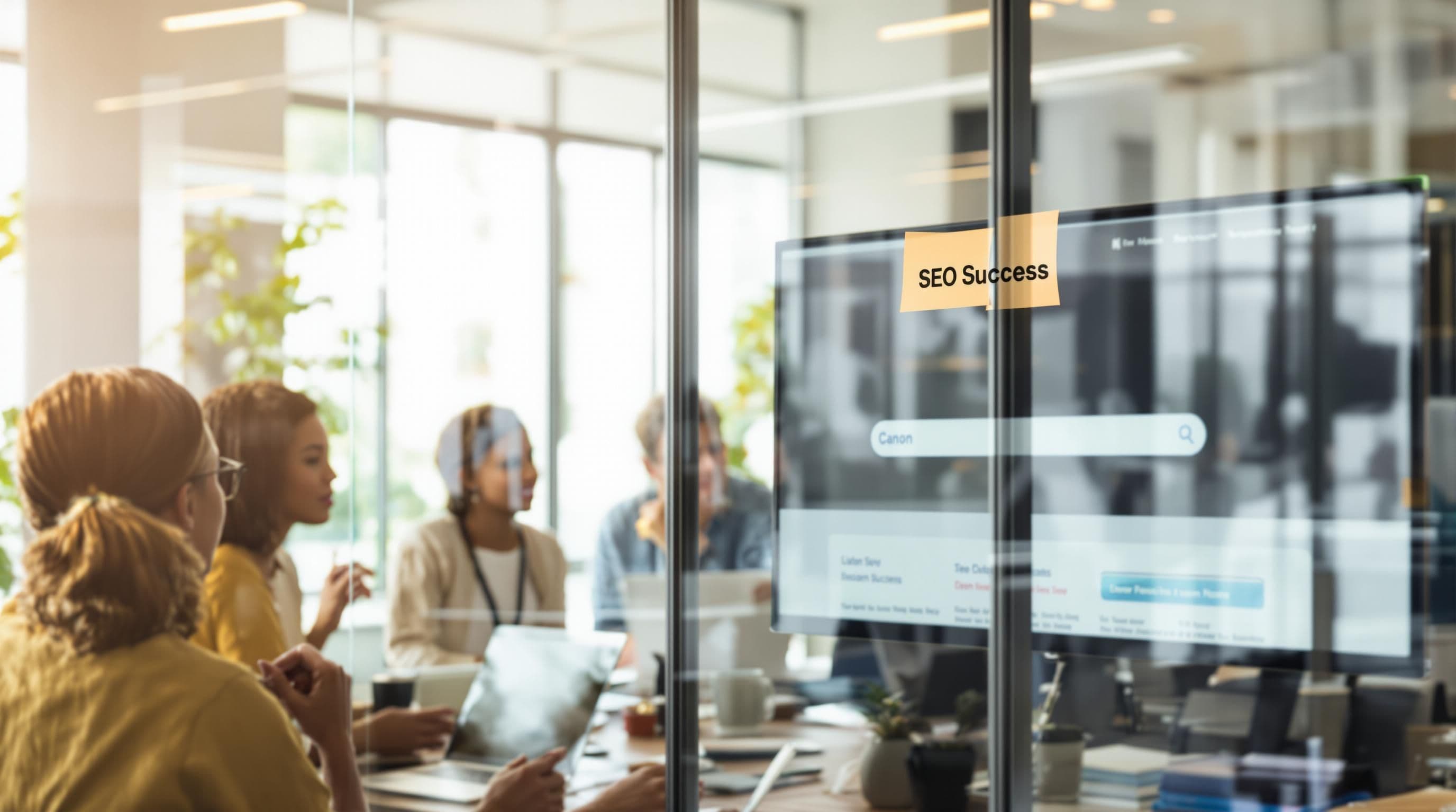 Marketing team reviews SEO-friendly URLs in modern office setting