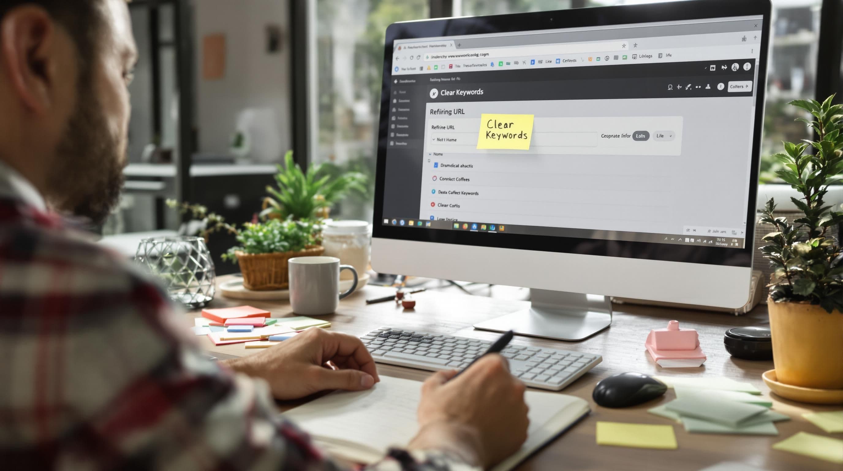 Web developer optimizes URL structure with clear keywords on screen