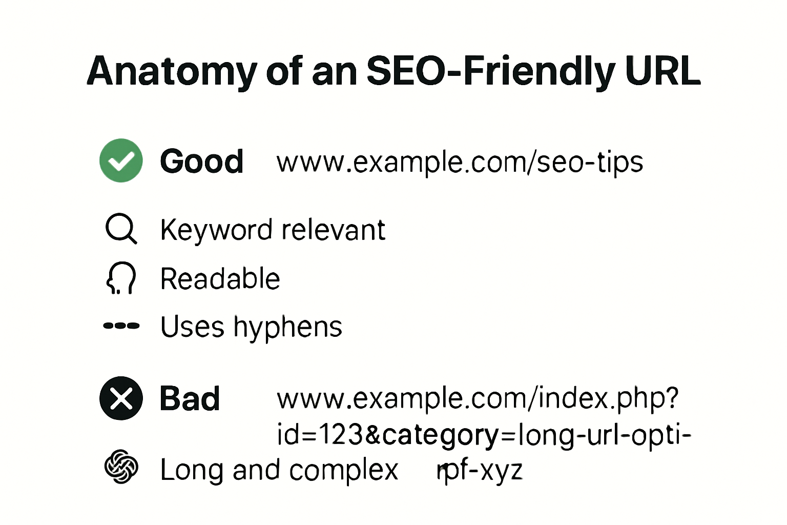 Infographic comparing SEO-friendly and unfriendly URLs