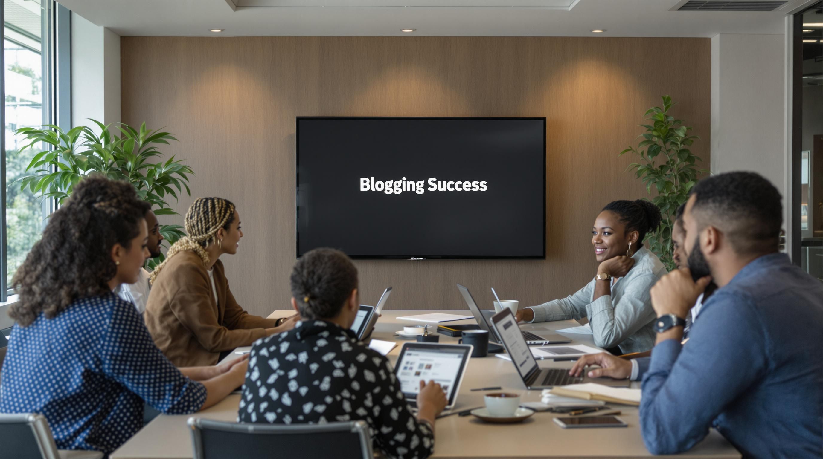 Business team collaborating in an office with a 'Blogging Success' presentation on screen