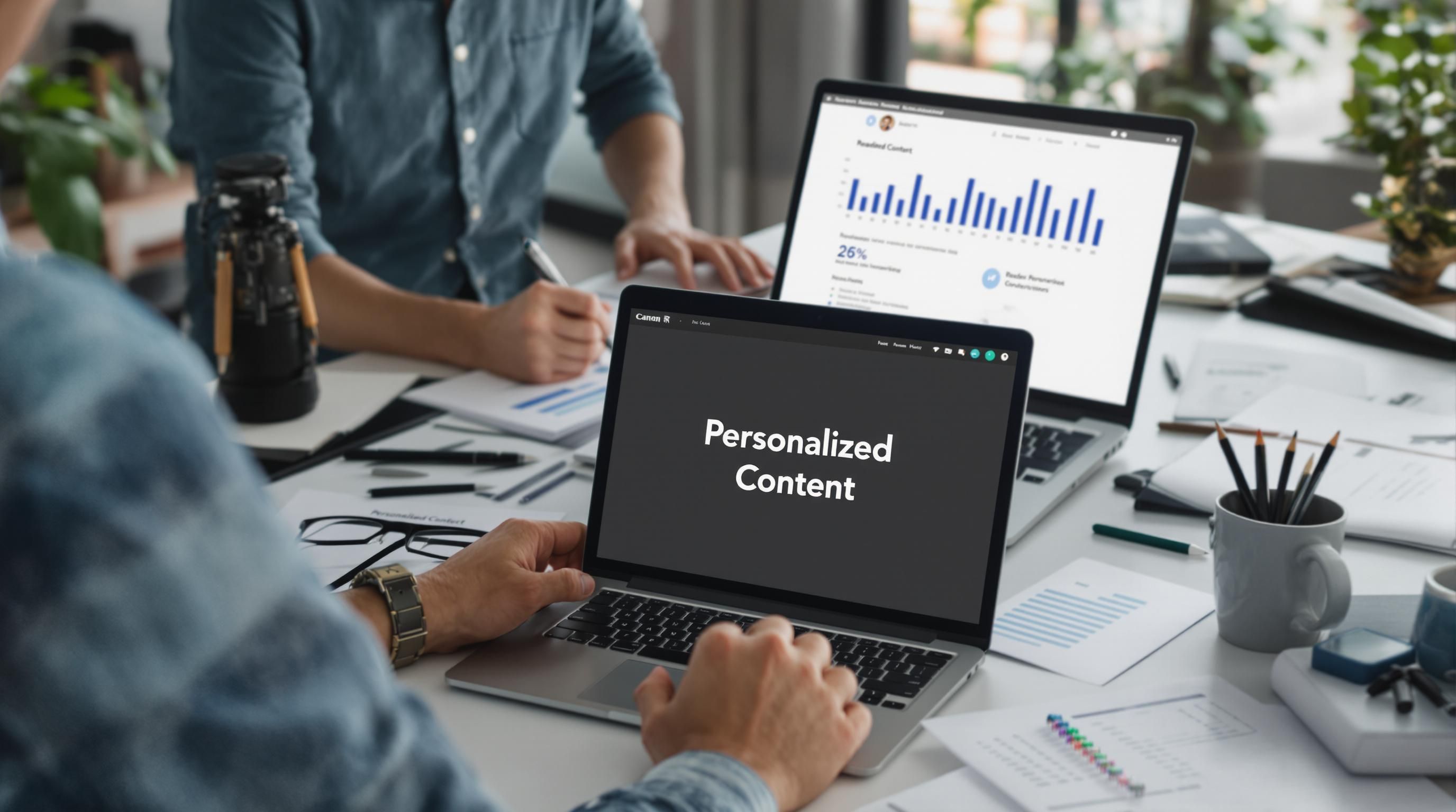 Marketers planning personalized content, with 'Personalized Content' on laptop screen