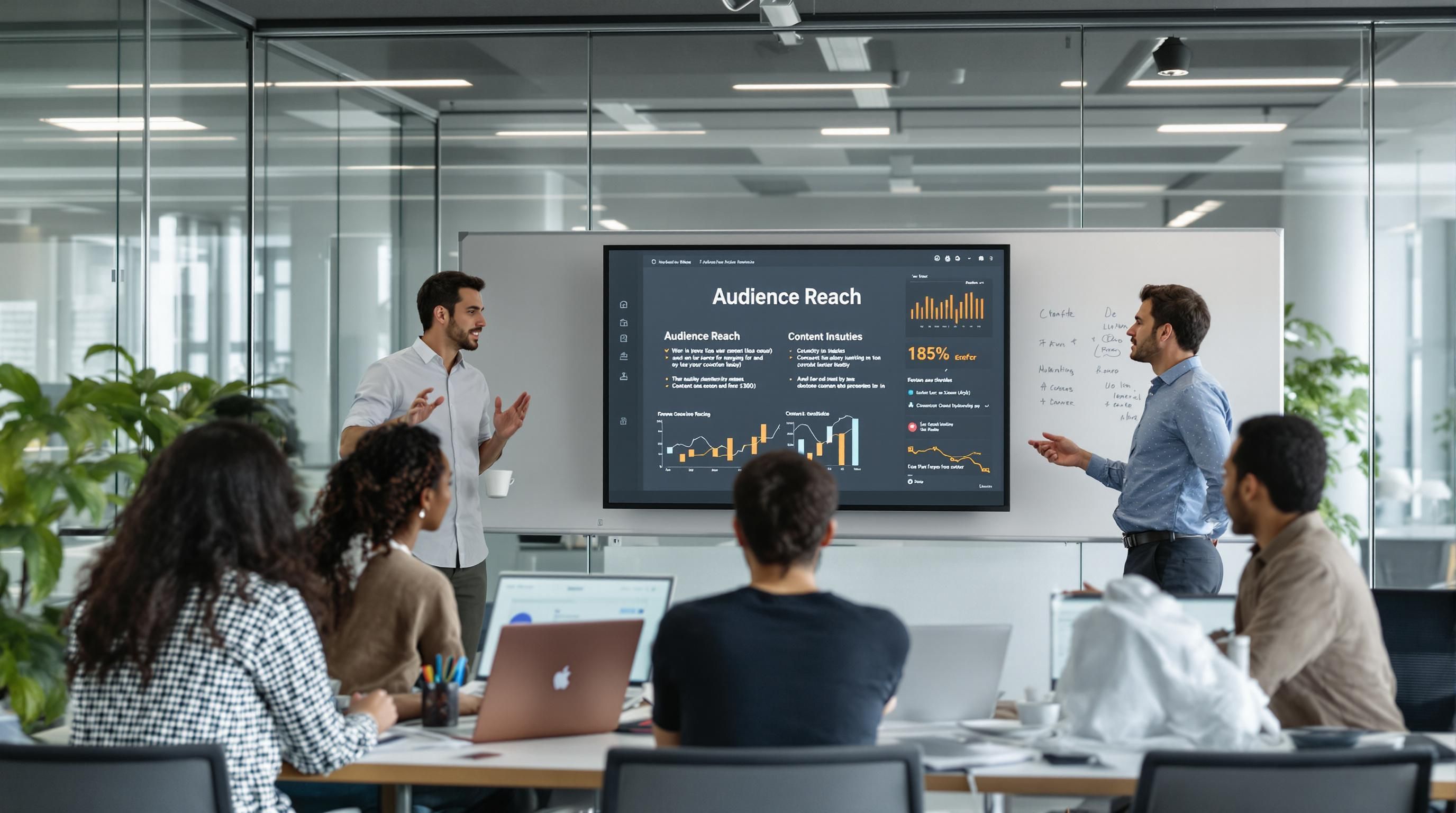 Team collaboratively discussing digital content distribution with analytics displays