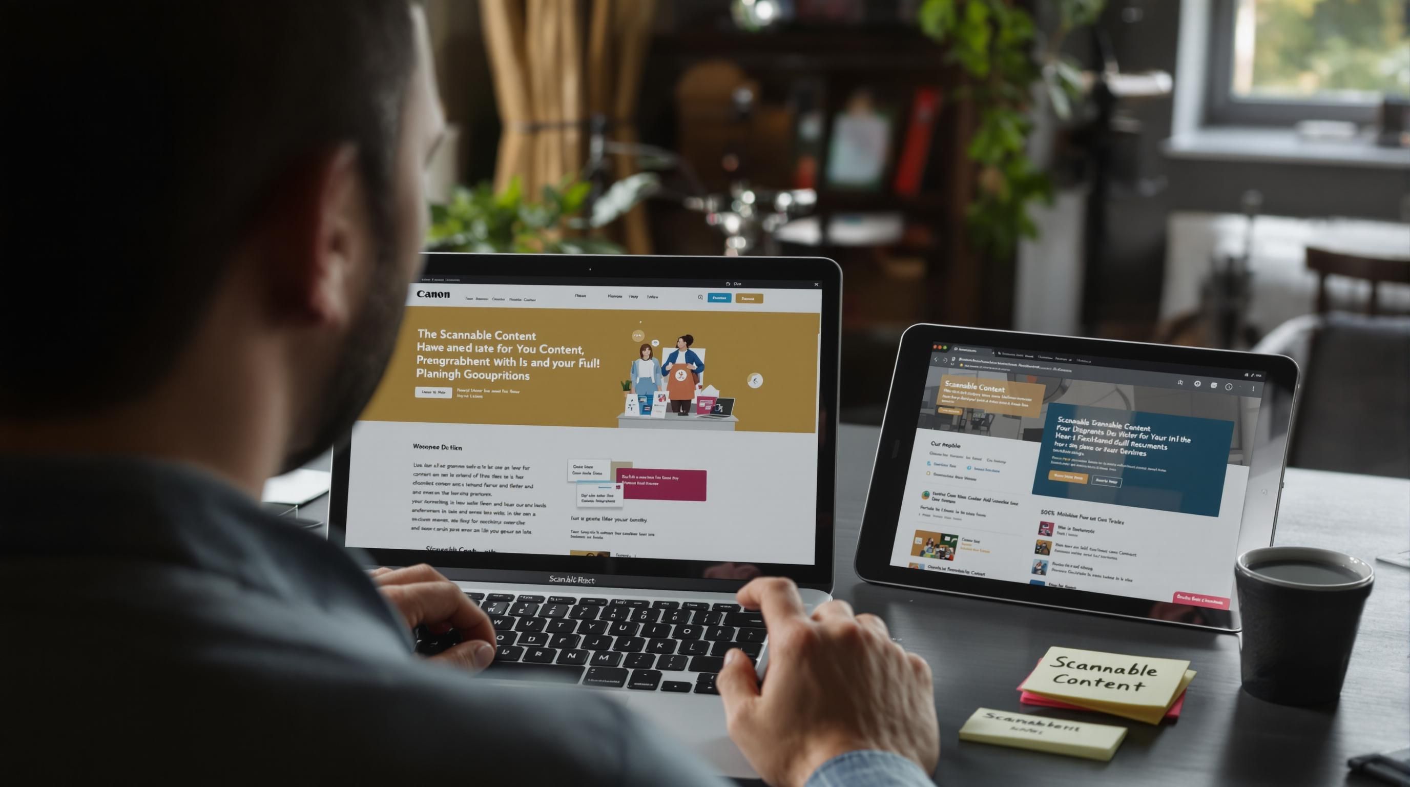 Person viewing scannable content on laptop and tablet at desk