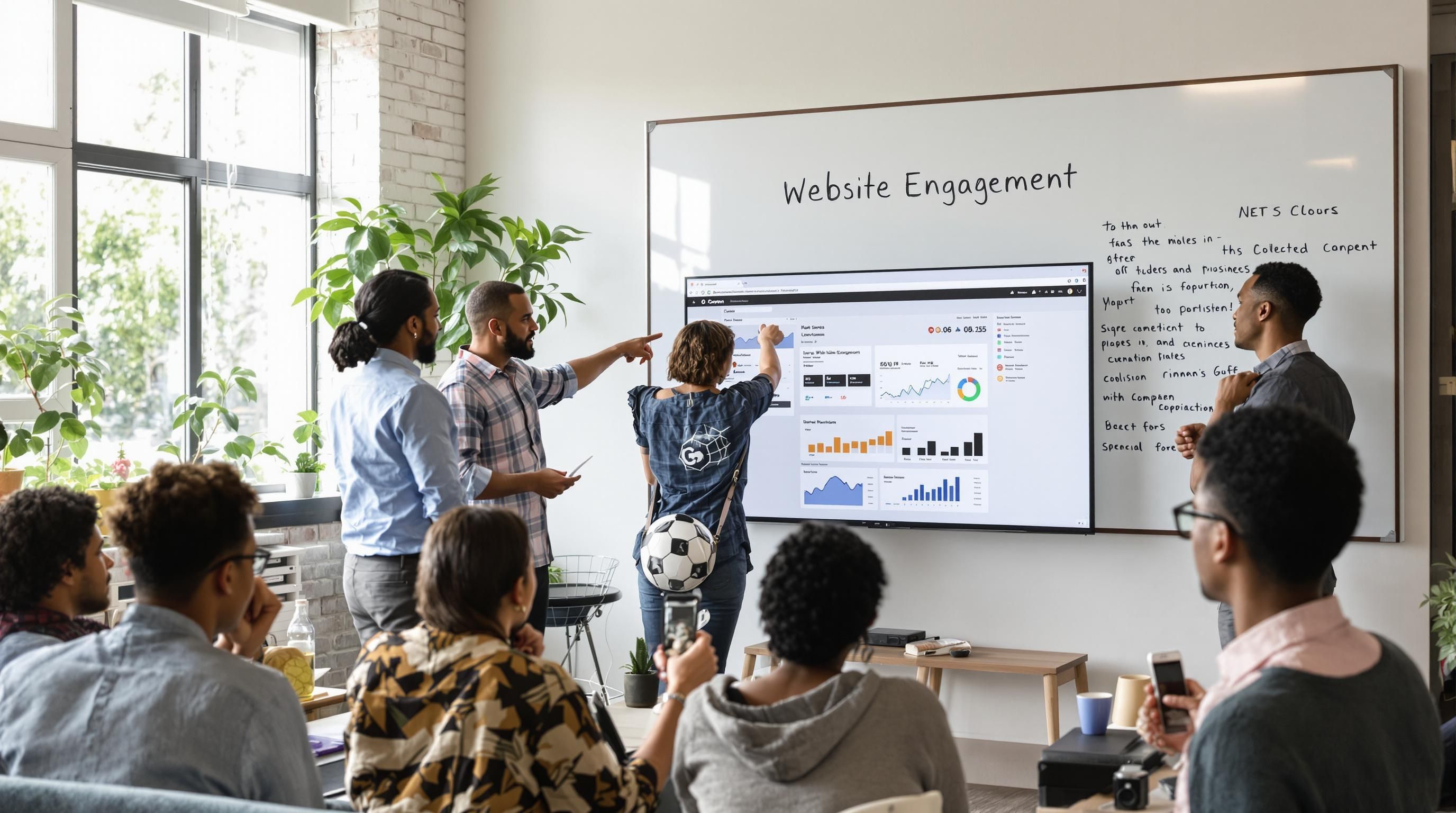 Team planning website engagement strategies in modern office setting