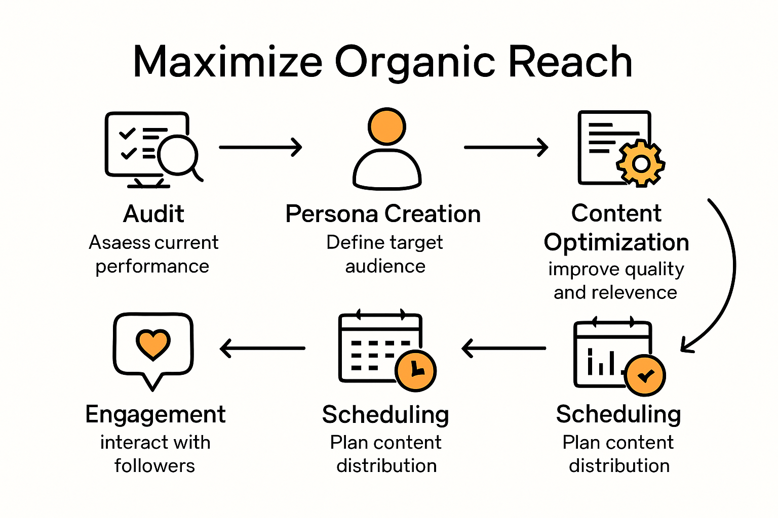 Infographic showing six steps to maximizing organic reach for businesses