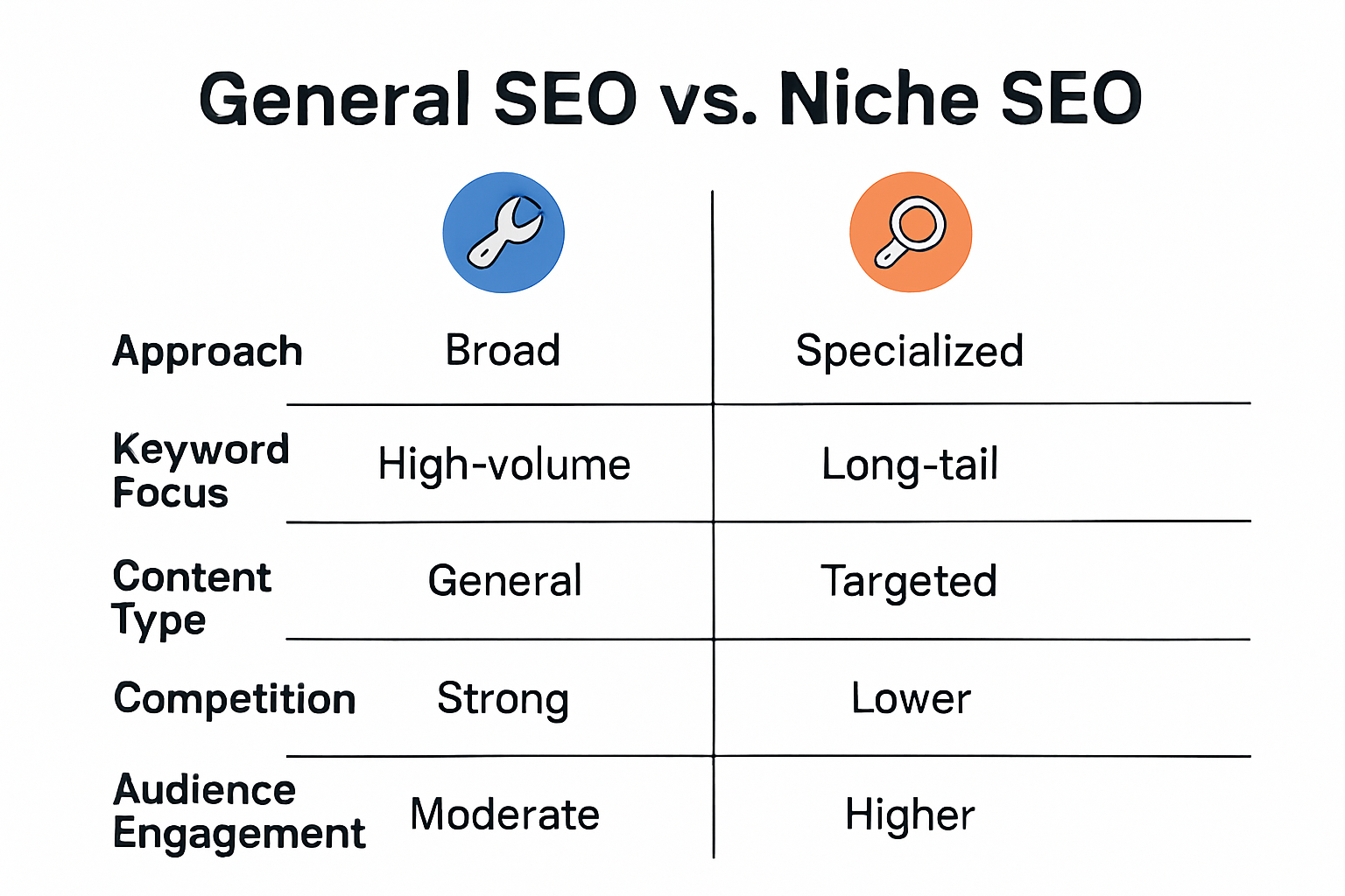 Infographic comparing niche SEO and general SEO strategies
