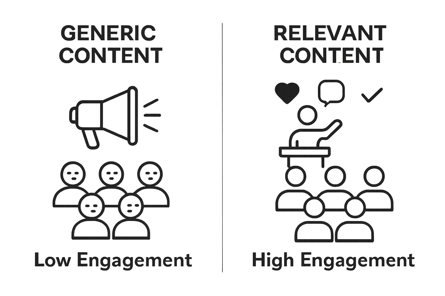 Comparison of generic versus relevant content and audience engagement.