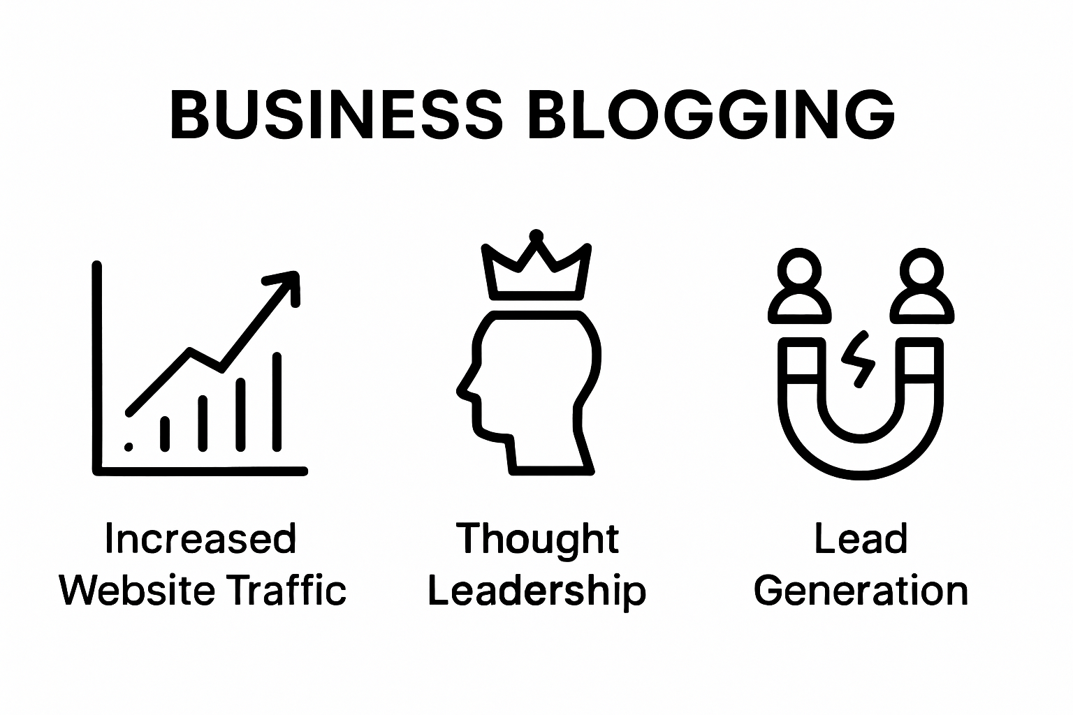 Infographic showing three main benefits of business blogging: traffic, thought leadership, and lead generation.