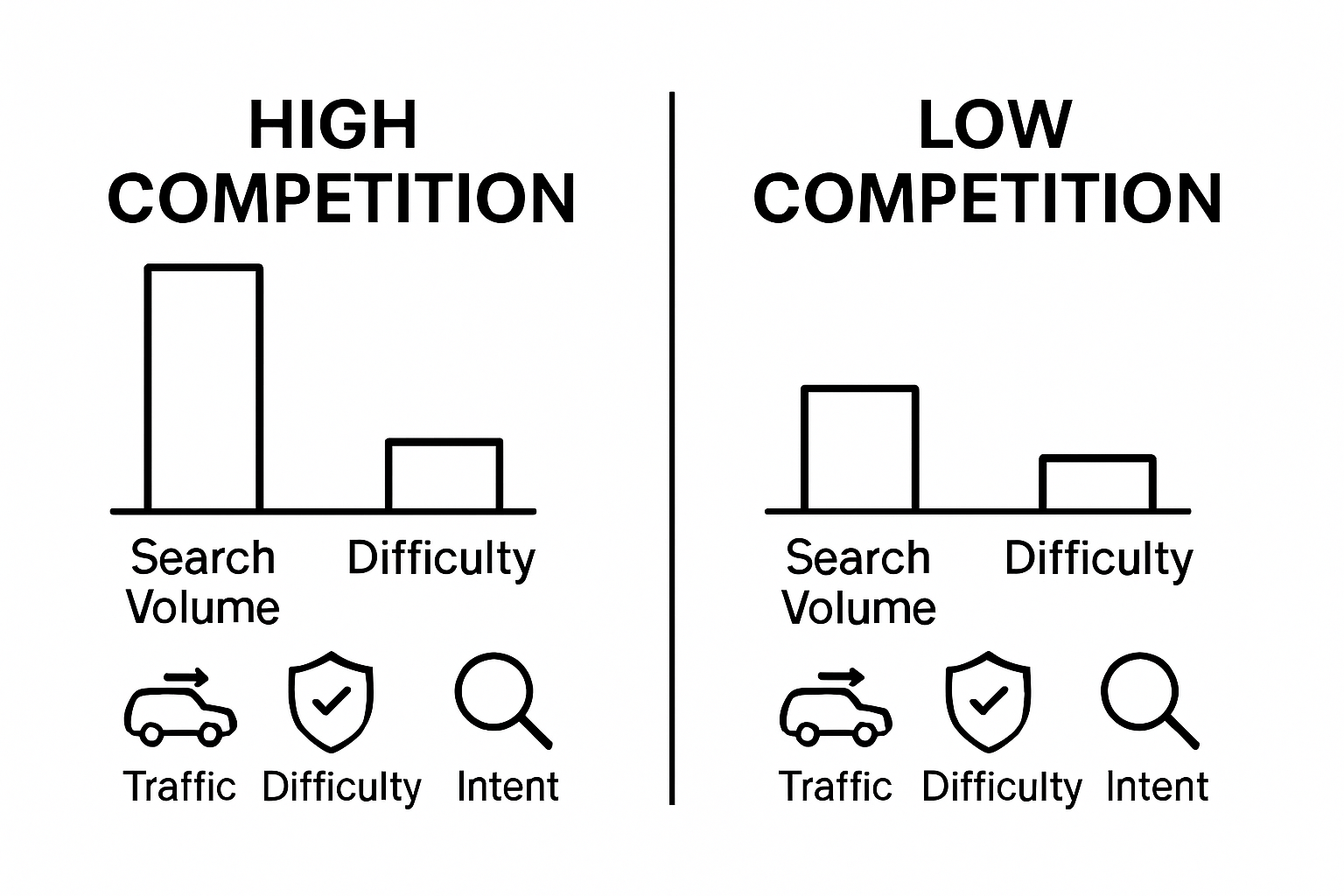 Comparison of competitive and non-competitive keywords with icons for traffic, difficulty, and intent
