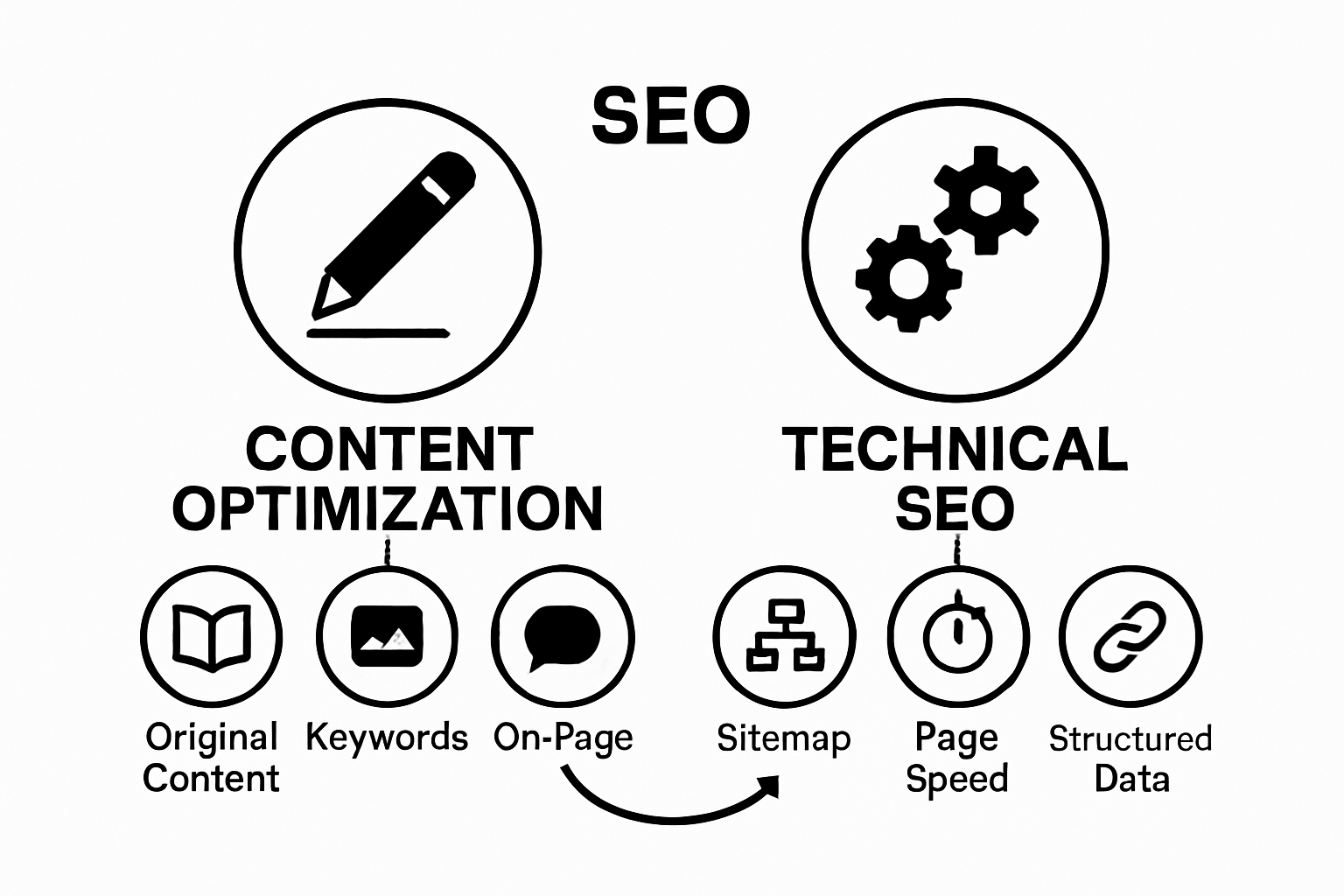Infographic comparing content optimization and technical SEO pillars for best SEO strategies
