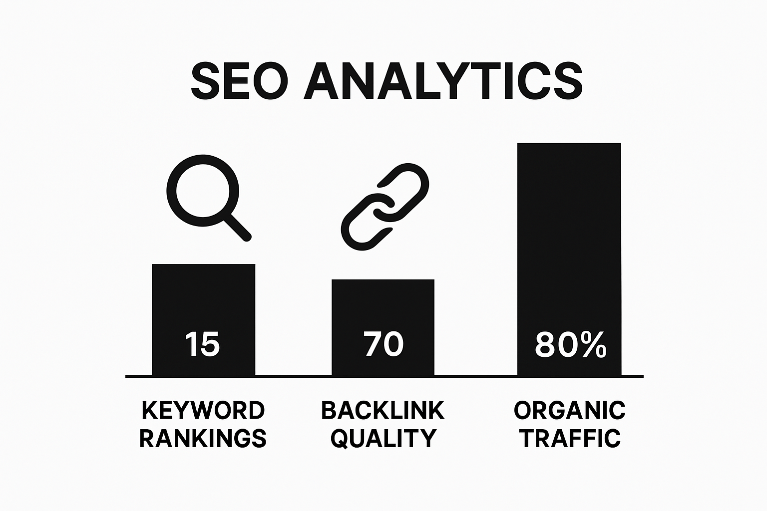Visual overview of three SEO analytics tool metrics: keyword rankings, backlinks, traffic