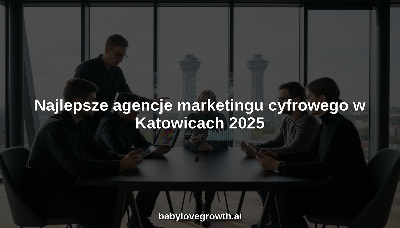 nowoczesne biuro agencji marketingu cyfrowego w Katowicach, zespół współpracuje przy komputerach na tle panoramy miasta