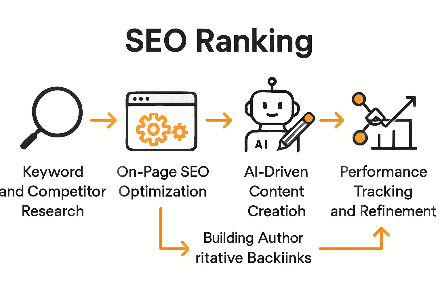 Infographic showing five essential SEO ranking steps with icons for each stage.
