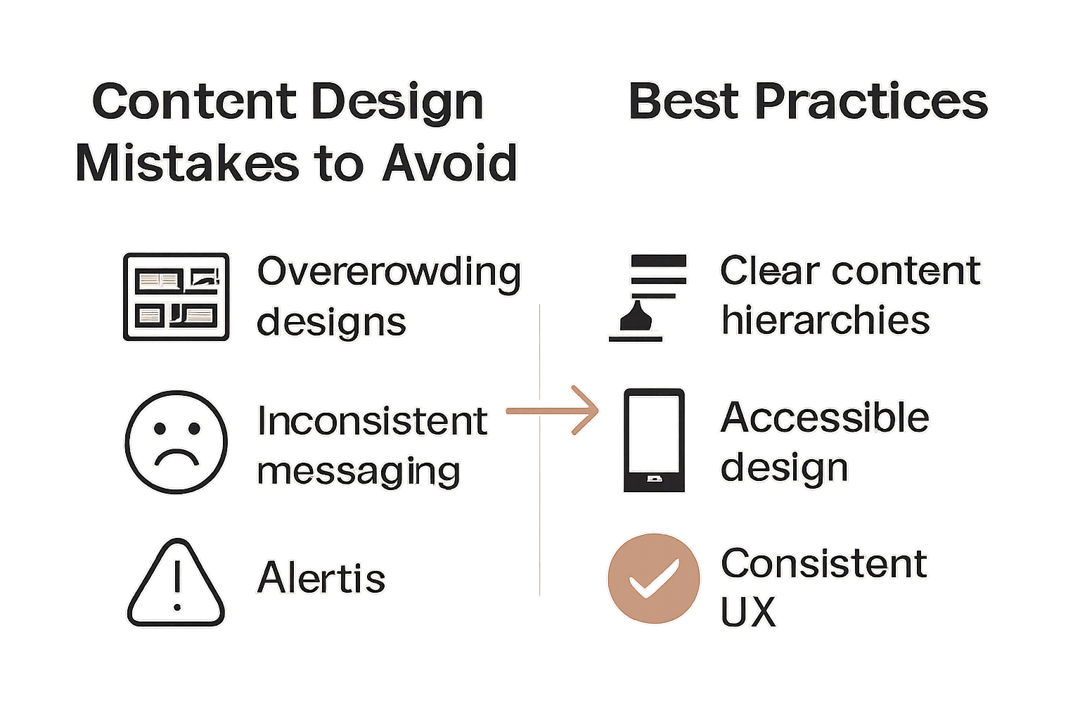 Infographic comparing content design mistakes with best practices using icons and brief text.
