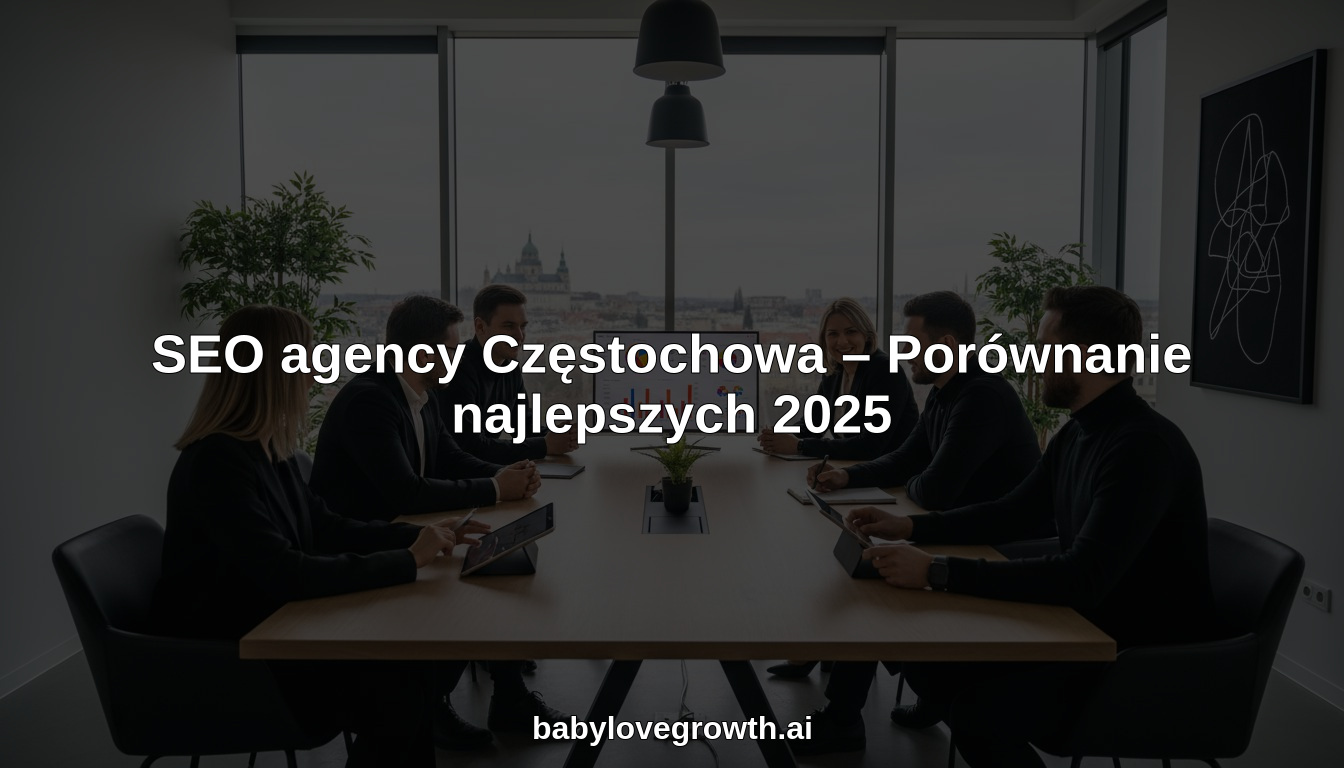 Nowoczesne biuro agencji SEO w Częstochowie, grupa osób analizujących wykresy przy stole, za oknem panorama miasta